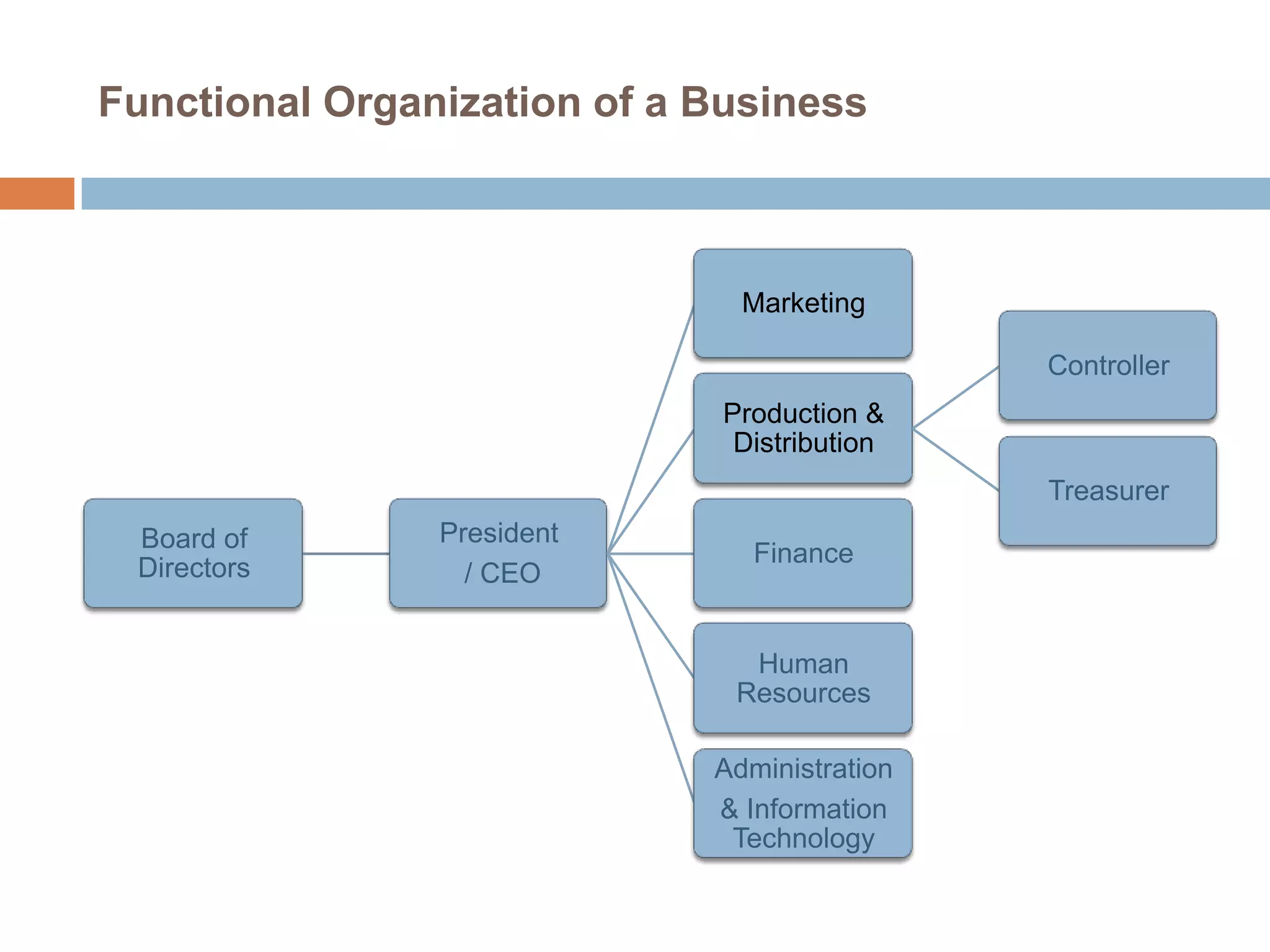Functional Organization of a Business

Marketing
Controller
Production &
Distribution

Treasurer
Board of
Directors

President
/ CEO

Finance

Human
Resources
Administration
& Information
Technology

 