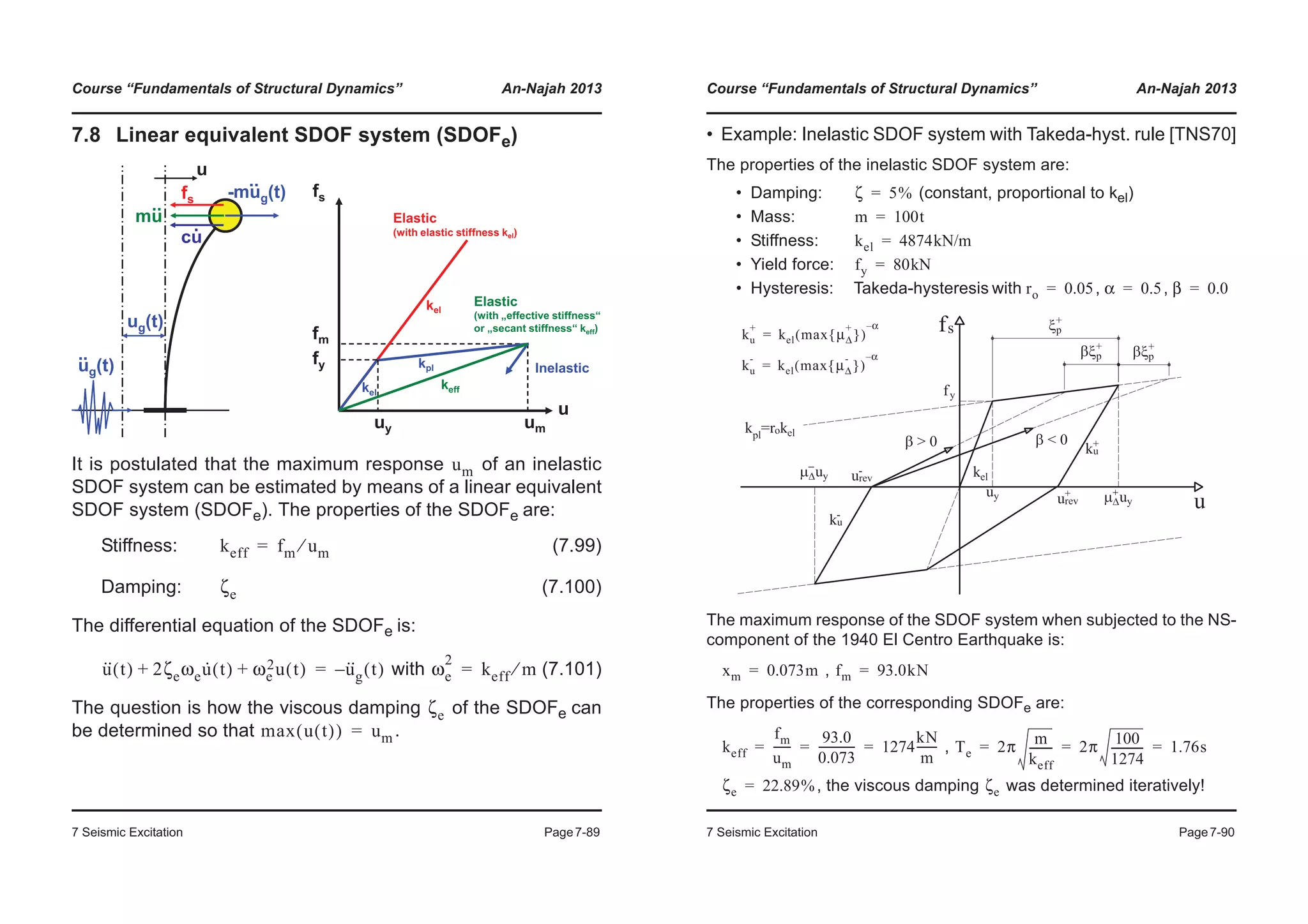 Course “Fundamentals of Structural Dynamics” An-Najah 2013
7 Seismic Excitation Page7-89
7.8 Linear equivalent SDOF system (SDOFe)
It is postulated that the maximum response of an inelastic
SDOF system can be estimated by means of a linear equivalent
SDOF system (SDOFe). The properties of the SDOFe are:
Stiffness: (7.99)
Damping: (7.100)
The differential equation of the SDOFe is:
with (7.101)
The question is how the viscous damping of the SDOFe can
be determined so that .
u
fs
Elastic
(with elastic stiffness kel)
umuy
fy Inelastickpl
kel
-mug(t)
..
fs
u
cu
.
mu
..
ug(t)
..
ug(t)
kel
keff
Elastic
(with „effective stiffness“
or „secant stiffness“ keff)
fm
um
keff fm um⁄=
ζe
u·· t( ) 2ζeωeu· t( ) ωe
2u t( )+ + u··
g t( )–= ωe
2
keff m⁄=
ζe
max u t( )( ) um=
Course “Fundamentals of Structural Dynamics” An-Najah 2013
7 Seismic Excitation Page7-90
• Example: Inelastic SDOF system with Takeda-hyst. rule [TNS70]
The properties of the inelastic SDOF system are:
• Damping: (constant, proportional to kel)
• Mass:
• Stiffness:
• Yield force:
• Hysteresis: Takeda-hysteresis with , ,
The maximum response of the SDOF system when subjected to the NS-
component of the 1940 El Centro Earthquake is:
,
The properties of the corresponding SDOFe are:
,
, the viscous damping was determined iteratively!
ζ 5%=
m 100t=
kel 4874kN/m=
fy 80kN=
ro 0.05= α 0.5= β 0.0=
ku
+
kel max μΔ
+
{ }( )
α–
=
ku
-
kel max μΔ
-
{ }( )
α–
=
xm 0.073m= fm 93.0kN=
keff
fm
um
------
93.0
0.073
------------- 1274
kN
m
-------= = = Te 2π
m
keff
-------- 2π
100
1274
------------ 1.76s= = =
ζe 22.89%= ζe
 