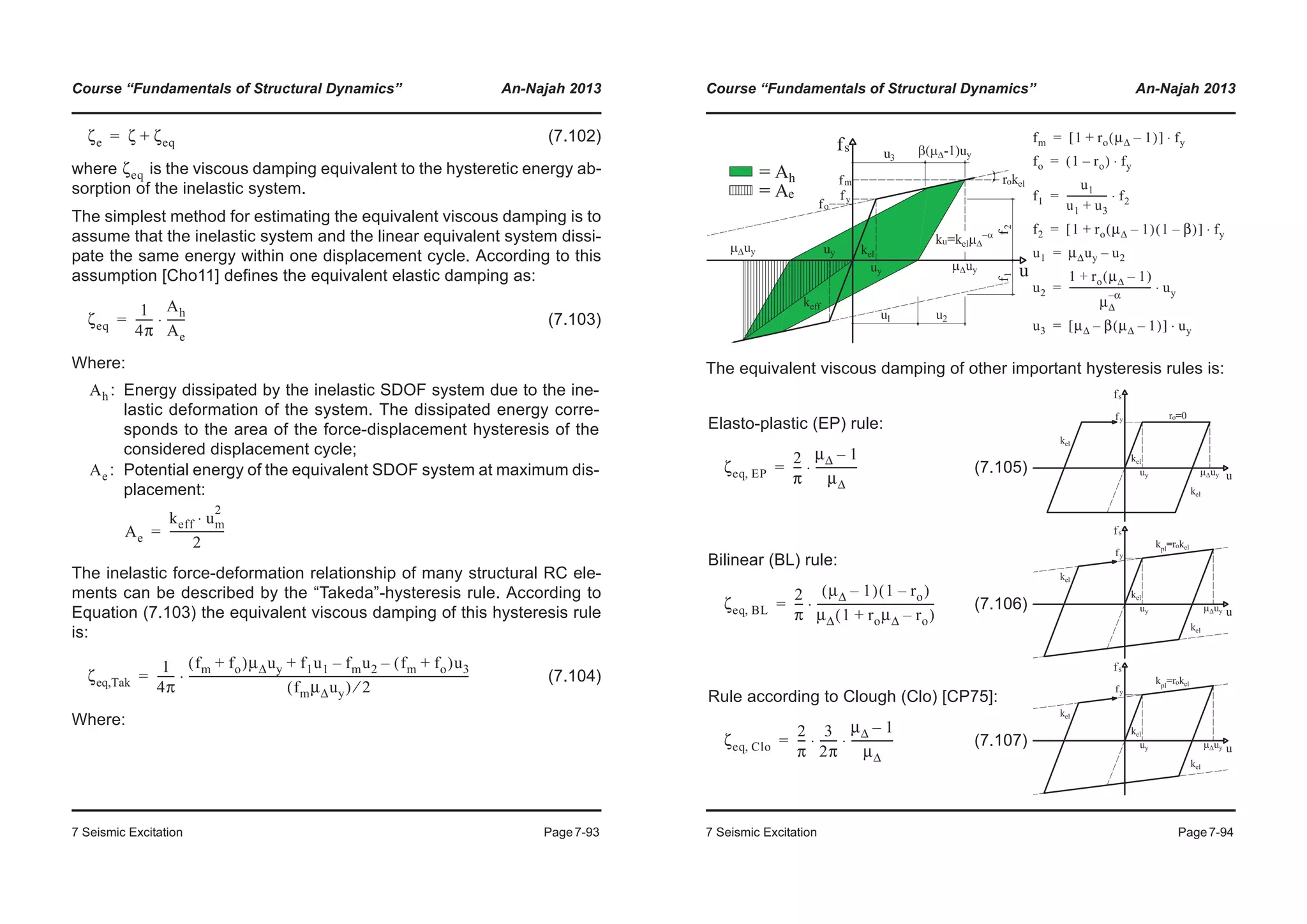 Course “Fundamentals of Structural Dynamics” An-Najah 2013
7 Seismic Excitation Page7-93
(7.102)
where is the viscous damping equivalent to the hysteretic energy ab-
sorption of the inelastic system.
The simplest method for estimating the equivalent viscous damping is to
assume that the inelastic system and the linear equivalent system dissi-
pate the same energy within one displacement cycle. According to this
assumption [Cho11] defines the equivalent elastic damping as:
(7.103)
Where:
The inelastic force-deformation relationship of many structural RC ele-
ments can be described by the “Takeda”-hysteresis rule. According to
Equation (7.103) the equivalent viscous damping of this hysteresis rule
is:
(7.104)
Where:
: Energy dissipated by the inelastic SDOF system due to the ine-
lastic deformation of the system. The dissipated energy corre-
sponds to the area of the force-displacement hysteresis of the
considered displacement cycle;
: Potential energy of the equivalent SDOF system at maximum dis-
placement:
ζe ζ ζeq+=
ζeq
ζeq
1
4π
------
Ah
Ae
------⋅=
Ah
Ae
Ae
keff um
2
⋅
2
--------------------=
ζeq,Tak
1
4π
------
fm fo+( )μΔuy f1u1 fmu2– fm fo+( )u3–+
fmμΔuy( ) 2⁄
-----------------------------------------------------------------------------------------------------⋅=
Course “Fundamentals of Structural Dynamics” An-Najah 2013
7 Seismic Excitation Page7-94
The equivalent viscous damping of other important hysteresis rules is:
Elasto-plastic (EP) rule:
(7.105)
Bilinear (BL) rule:
(7.106)
Rule according to Clough (Clo) [CP75]:
(7.107)
fm 1 ro μΔ 1–( )+[ ] fy⋅=
fo 1 ro–( ) fy⋅=
f1
u1
u1 u3+
----------------- f2⋅=
f2 1 ro μΔ 1–( ) 1 β–( )+[ ] fy⋅=
u1 μΔuy u2–=
u2
1 ro μΔ 1–( )+
μΔ
α–
---------------------------------- uy⋅=
u3 μΔ β μΔ 1–( )–[ ] uy⋅=
ζeq EP,
2
π
---
μΔ 1–
μΔ
---------------⋅=
ζeq BL,
2
π
---
μΔ 1–( ) 1 ro–( )
μΔ 1 roμΔ ro–+( )
------------------------------------------⋅=
ζeq Clo,
2
π
---
3
2π
------
μΔ 1–
μΔ
---------------⋅ ⋅=
 