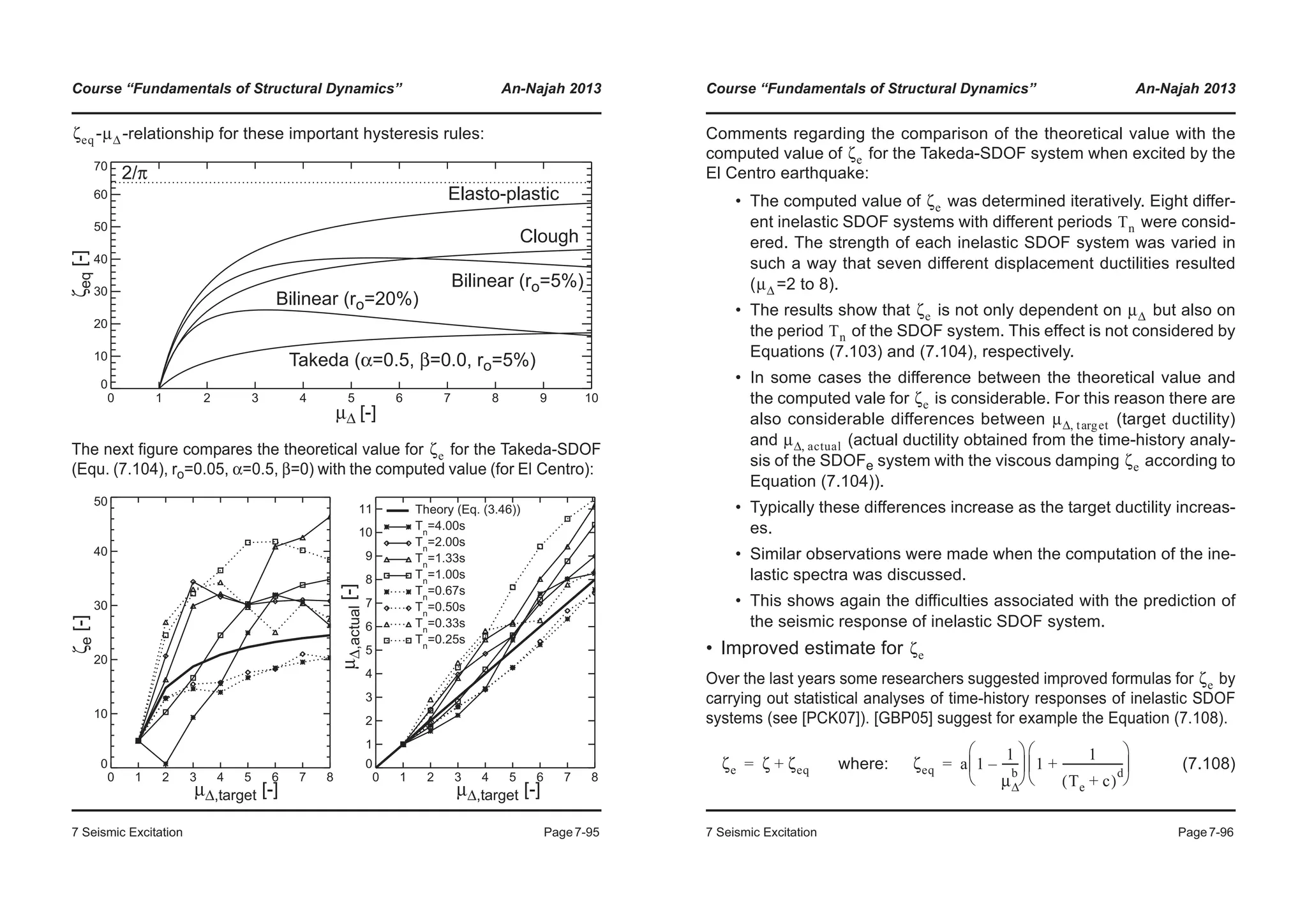 Course “Fundamentals of Structural Dynamics” An-Najah 2013
7 Seismic Excitation Page7-95
- -relationship for these important hysteresis rules:
The next figure compares the theoretical value for for the Takeda-SDOF
(Equ. (7.104), ro=0.05, α=0.5, β=0) with the computed value (for El Centro):
ζeq μΔ
0 1 2 3 4 5 6 7 8 9 10
0
10
20
30
40
50
60
70
μΔ [-]
ζeq[-]
2/π
Elasto-plastic
Clough
Bilinear (ro=5%)
Bilinear (ro=20%)
Takeda (α=0.5, β=0.0, ro=5%)
ζe
0 1 2 3 4 5 6 7 8
0
10
20
30
40
50
0 1 2 3 4 5 6 7 8
0
1
2
3
4
5
6
7
8
9
10
11 Theory (Eq. (3.46))
Tn
=4.00s
Tn
=2.00s
Tn
=1.33s
Tn
=1.00s
Tn
=0.67s
Tn
=0.50s
Tn
=0.33s
Tn
=0.25s
μΔ,target [-]
ζe[-]
μΔ,target [-]
μΔ,actual[-]
Course “Fundamentals of Structural Dynamics” An-Najah 2013
7 Seismic Excitation Page7-96
Comments regarding the comparison of the theoretical value with the
computed value of for the Takeda-SDOF system when excited by the
El Centro earthquake:
• The computed value of was determined iteratively. Eight differ-
ent inelastic SDOF systems with different periods were consid-
ered. The strength of each inelastic SDOF system was varied in
such a way that seven different displacement ductilities resulted
( =2 to 8).
• The results show that is not only dependent on but also on
the period of the SDOF system. This effect is not considered by
Equations (7.103) and (7.104), respectively.
• In some cases the difference between the theoretical value and
the computed vale for is considerable. For this reason there are
also considerable differences between (target ductility)
and (actual ductility obtained from the time-history analy-
sis of the SDOFe system with the viscous damping according to
Equation (7.104)).
• Typically these differences increase as the target ductility increas-
es.
• Similar observations were made when the computation of the ine-
lastic spectra was discussed.
• This shows again the difficulties associated with the prediction of
the seismic response of inelastic SDOF system.
• Improved estimate for
Over the last years some researchers suggested improved formulas for by
carrying out statistical analyses of time-history responses of inelastic SDOF
systems (see [PCK07]). [GBP05] suggest for example the Equation (7.108).
where: (7.108)
ζe
ζe
Tn
μΔ
ζe μΔ
Tn
ζe
μΔ t etarg,
μΔ actual,
ζe
ζe
ζe
ζe ζ ζeq+= ζeq a 1
1
μΔ
b
------–
© ¹
¨ ¸
§ ·
1
1
Te c+( )
d
----------------------+
© ¹
¨ ¸
§ ·
=
 