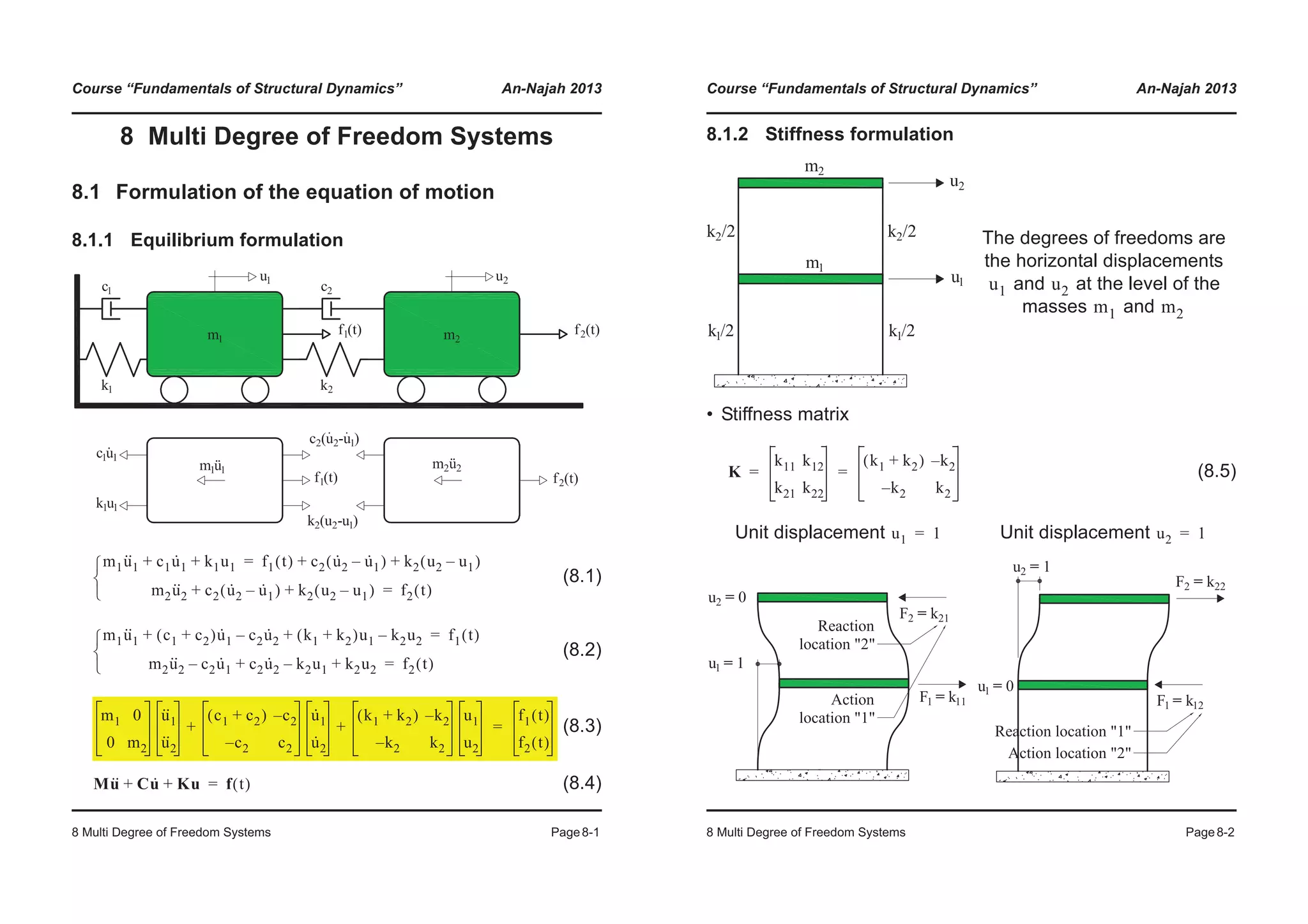 Course “Fundamentals of Structural Dynamics” An-Najah 2013
8 Multi Degree of Freedom Systems Page8-1
8 Multi Degree of Freedom Systems
8.1 Formulation of the equation of motion
8.1.1 Equilibrium formulation
(8.1)
(8.2)
(8.3)
(8.4)
m1u··
1 c1u·
1 k1u1+ + f1 t( ) c2 u·
2 u·
1–( ) k2 u2 u1–( )+ +=
m2u··
2 c2 u·
2 u·
1–( ) k2 u2 u1–( )+ + f2 t( )=¯
®
­
m1u··
1 c1 c2+( )u·
1 c2u·
2– k1 k2+( )u1 k2u2–+ + f1 t( )=
m2u··
2 c2u·
1– c2u·
2 k2u1– k2u2+ + f2 t( )=¯
®
­
m1 0
0 m2
u··
1
u··
2
c1 c2+( ) c2–
c2– c2
u·
1
u·
2
k1 k2+( ) k2–
k2– k2
u1
u2
+ +
f1 t( )
f2 t( )
=
Mu·· Cu· Ku+ + f t( )=
Course “Fundamentals of Structural Dynamics” An-Najah 2013
8 Multi Degree of Freedom Systems Page8-2
8.1.2 Stiffness formulation
• Stiffness matrix
(8.5)
The degrees of freedoms are
the horizontal displacements
and at the level of the
masses and
Unit displacement Unit displacement
u1 u2
m1 m2
K
k11 k12
k21 k22
k1 k2+( ) k2–
k2– k2
= =
u1 1= u2 1=
 