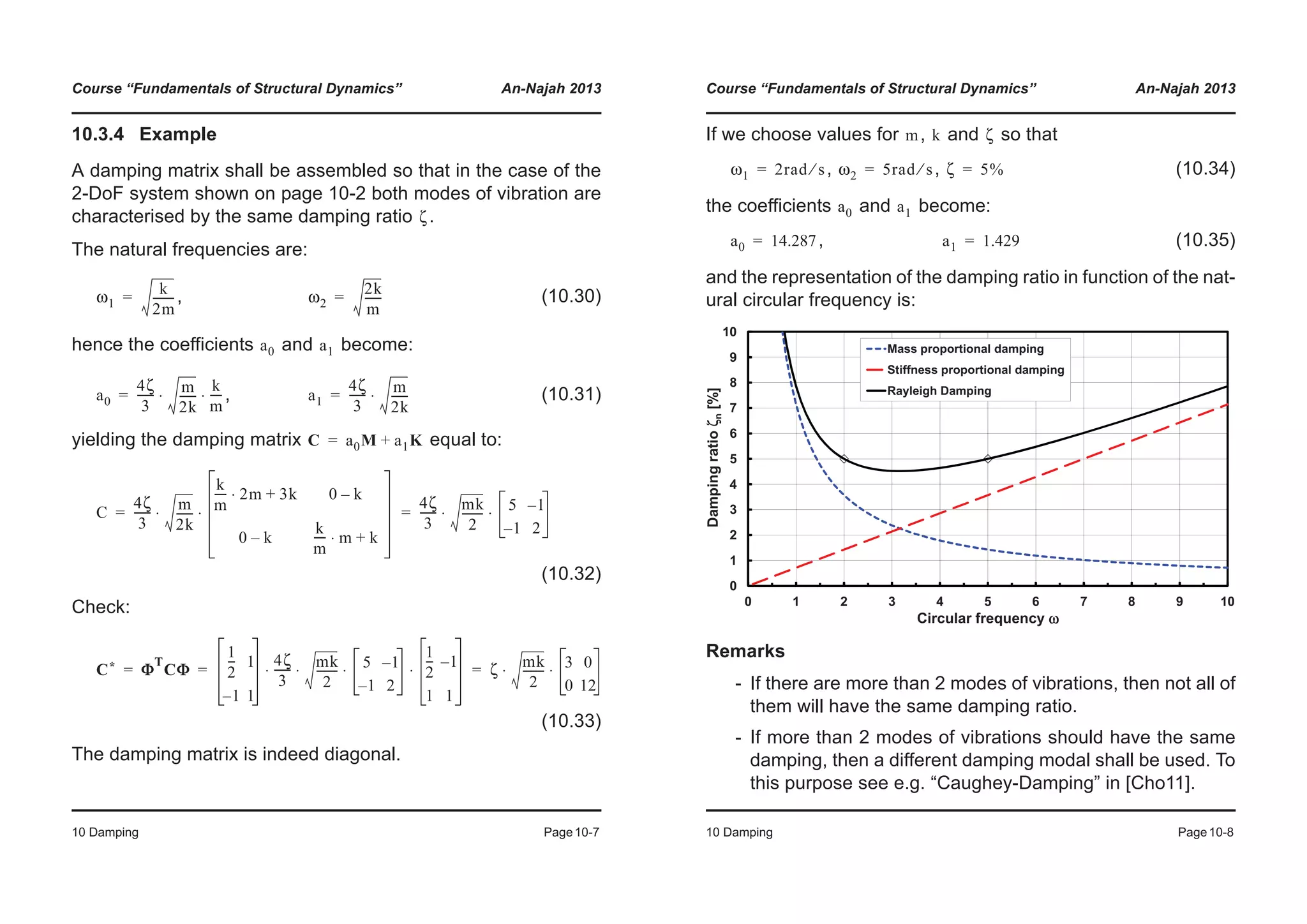 Course “Fundamentals of Structural Dynamics” An-Najah 2013
10 Damping Page10-7
10.3.4 Example
A damping matrix shall be assembled so that in the case of the
2-DoF system shown on page 10-2 both modes of vibration are
characterised by the same damping ratio .
The natural frequencies are:
, (10.30)
hence the coefficients and become:
, (10.31)
yielding the damping matrix equal to:
(10.32)
Check:
(10.33)
The damping matrix is indeed diagonal.
ζ
ω1
k
2m
--------= ω2
2k
m
------=
a0 a1
a0
4ζ
3
------ m
2k
------
k
m
----⋅ ⋅= a1
4ζ
3
------ m
2k
------⋅=
C a0M a1K+=
C
4ζ
3
------ m
2k
------
k
m
---- 2m 3k+⋅ 0 k–
0 k–
k
m
---- m k+⋅
⋅ ⋅
4ζ
3
------ mk
2
-------- 5 1–
1– 2
⋅ ⋅= =
C* Φ
T
CΦ
1
2
--- 1
1– 1
4ζ
3
------ mk
2
-------- 5 1–
1– 2
1
2
--- 1–
1 1
⋅ ⋅ ⋅ ⋅ ζ
mk
2
-------- 3 0
0 12
⋅ ⋅= = =
Course “Fundamentals of Structural Dynamics” An-Najah 2013
10 Damping Page10-8
If we choose values for , and so that
, , (10.34)
the coefficients and become:
, (10.35)
and the representation of the damping ratio in function of the nat-
ural circular frequency is:
Remarks
- If there are more than 2 modes of vibrations, then not all of
them will have the same damping ratio.
- If more than 2 modes of vibrations should have the same
damping, then a different damping modal shall be used. To
this purpose see e.g. “Caughey-Damping” in [Cho11].
m k ζ
ω1 2rad s⁄= ω2 5rad s⁄= ζ 5%=
a0 a1
a0 14.287= a1 1.429=
4
5
6
7
8
9
10
mpingratioζn[%]
Mass proportional damping
Stiffness proportional damping
Rayleigh Damping
0
1
2
3
0 1 2 3 4 5 6 7 8 9 10
Dam
Circular frequency ω
 