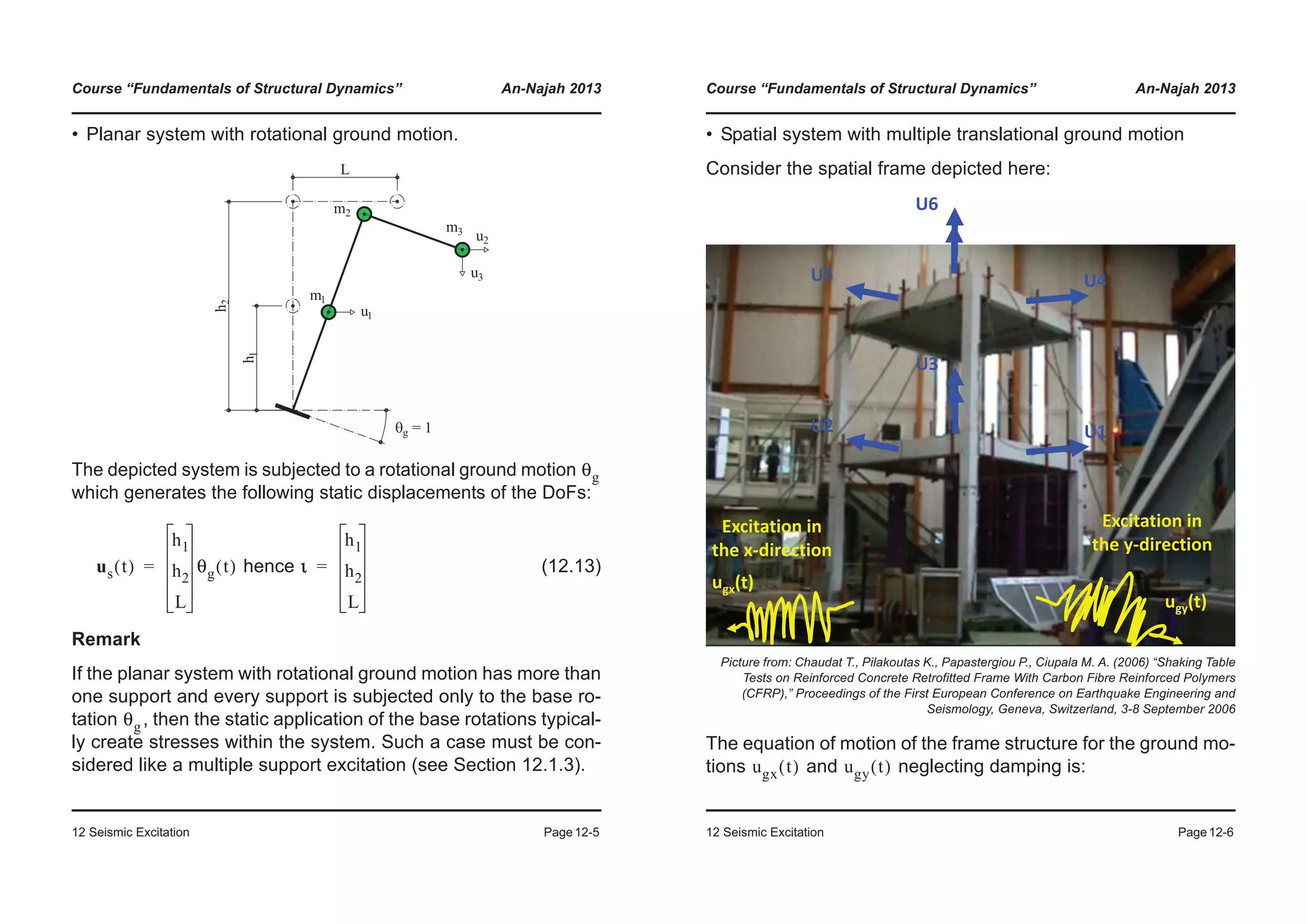 Course “Fundamentals of Structural Dynamics” An-Najah 2013
12 Seismic Excitation Page12-5
• Planar system with rotational ground motion.
The depicted system is subjected to a rotational ground motion
which generates the following static displacements of the DoFs:
hence (12.13)
Remark
If the planar system with rotational ground motion has more than
one support and every support is subjected only to the base ro-
tation , then the static application of the base rotations typical-
ly create stresses within the system. Such a case must be con-
sidered like a multiple support excitation (see Section 12.1.3).
θg
us t( )
h1
h2
L
θg t( )= ι
h1
h2
L
=
θg
Course “Fundamentals of Structural Dynamics” An-Najah 2013
12 Seismic Excitation Page12-6
• Spatial system with multiple translational ground motion
Consider the spatial frame depicted here:
The equation of motion of the frame structure for the ground mo-
tions and neglecting damping is:
Picture from: Chaudat T., Pilakoutas K., Papastergiou P., Ciupala M. A. (2006) “Shaking Table
Tests on Reinforced Concrete Retrofitted Frame With Carbon Fibre Reinforced Polymers
(CFRP),” Proceedings of the First European Conference on Earthquake Engineering and
Seismology, Geneva, Switzerland, 3-8 September 2006
U1U2
U3
U4U5
U6
Excitation in
the x-direction
ugx(t)
ugy(t)
Excitation in
the y-direction
ugx t( ) ugy t( )
 