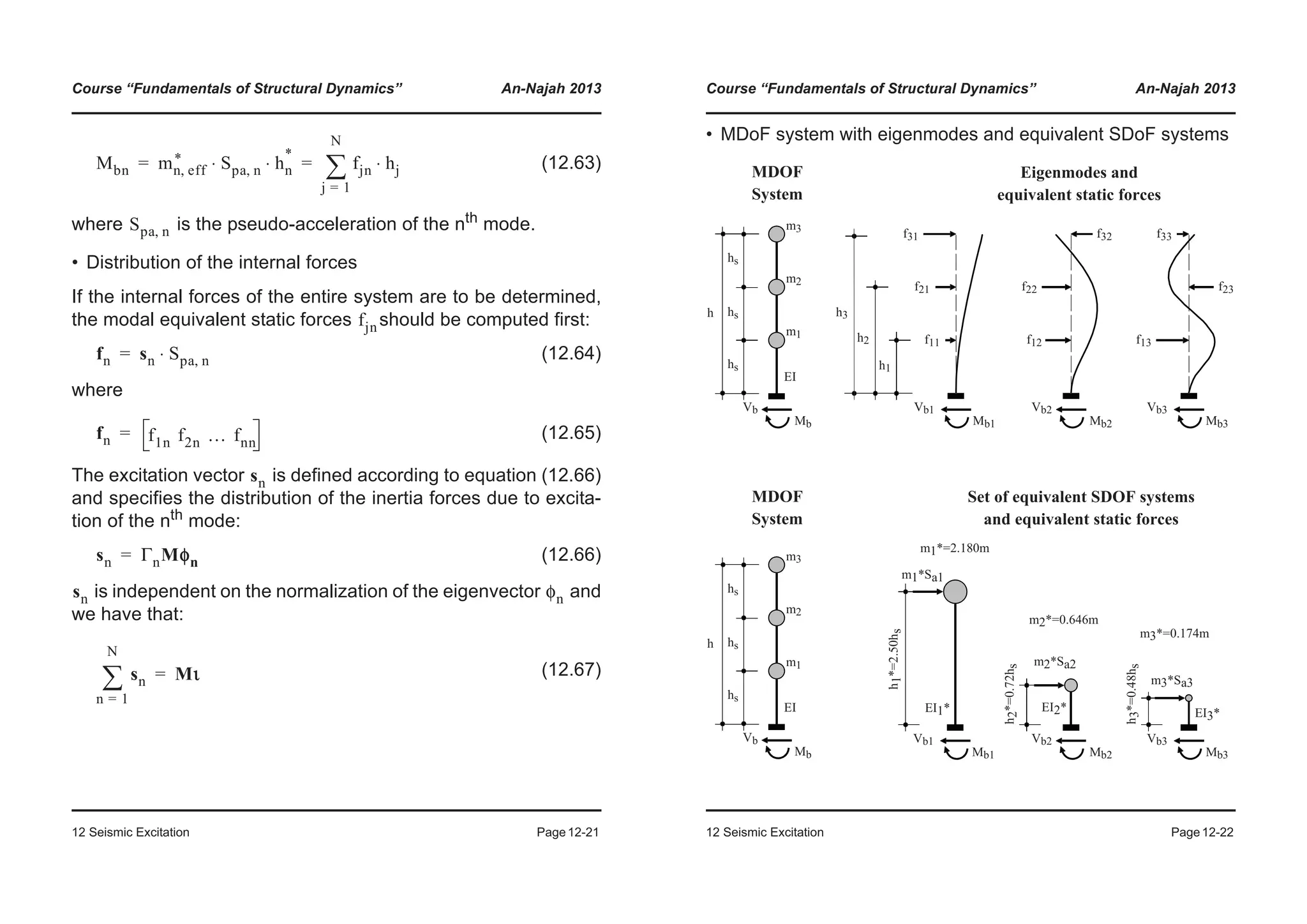 Course “Fundamentals of Structural Dynamics” An-Najah 2013
12 Seismic Excitation Page12-21
(12.63)
where is the pseudo-acceleration of the nth
mode.
• Distribution of the internal forces
If the internal forces of the entire system are to be determined,
the modal equivalent static forces should be computed first:
(12.64)
where
(12.65)
The excitation vector is defined according to equation (12.66)
and specifies the distribution of the inertia forces due to excita-
tion of the nth mode:
(12.66)
is independent on the normalization of the eigenvector and
we have that:
(12.67)
Mbn mn eff,
* Spa n, hn
*
⋅ ⋅ fjn hj⋅
j 1=
N
¦= =
Spa n,
fjn
fn sn Spa n,⋅=
fn f1n f2n … fnn
=
sn
sn ΓnMφn=
sn φn
sn
n 1=
N
¦ Mι=
Course “Fundamentals of Structural Dynamics” An-Najah 2013
12 Seismic Excitation Page12-22
• MDoF system with eigenmodes and equivalent SDoF systems
Vb1
Mb1
f11
f21
f31
f22
Vb2
Mb2
f12
f32
Vb3
Mb3
f13
f23
f33
h1
h2
h3
MDOF
System
m1*=2.180m
m2*=0.646m
m3*=0.174m
Vb1
Mb1
Vb2
Mb2
Vb3
Mb3
h1*=2.50hs
h2*=0.72hs
h3*=0.48hs
m1*Sa1
m2*Sa2
m3*Sa3
EI1* EI2* EI3*
EI
h
hs
hs
hs
Vb
Mb
m1
m2
m3
Eigenmodes and
equivalent static forces
Set of equivalent SDOF systems
and equivalent static forces
MDOF
System
EI
h
hs
hs
hs
Vb
Mb
m1
m2
m3
 