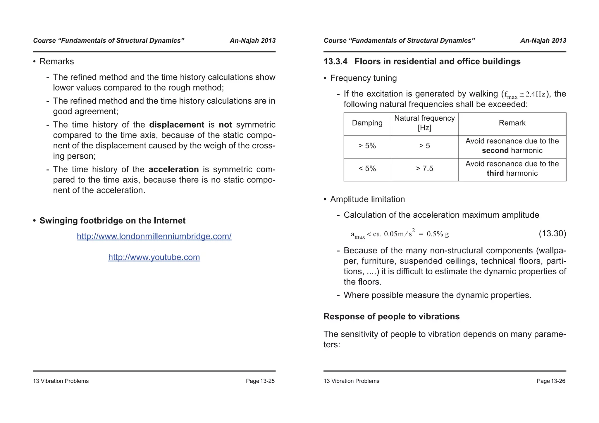 Course “Fundamentals of Structural Dynamics” An-Najah 2013
13 Vibration Problems Page13-25
• Remarks
- The refined method and the time history calculations show
lower values compared to the rough method;
- The refined method and the time history calculations are in
good agreement;
- The time history of the displacement is not symmetric
compared to the time axis, because of the static compo-
nent of the displacement caused by the weigh of the cross-
ing person;
- The time history of the acceleration is symmetric com-
pared to the time axis, because there is no static compo-
nent of the acceleration.
• Swinging footbridge on the Internet
http://www.londonmillenniumbridge.com/
http://www.youtube.com
Course “Fundamentals of Structural Dynamics” An-Najah 2013
13 Vibration Problems Page13-26
13.3.4 Floors in residential and office buildings
• Frequency tuning
- If the excitation is generated by walking ( ), the
following natural frequencies shall be exceeded:
• Amplitude limitation
- Calculation of the acceleration maximum amplitude
(13.30)
- Because of the many non-structural components (wallpa-
per, furniture, suspended ceilings, technical floors, parti-
tions, ....) it is difficult to estimate the dynamic properties of
the floors.
- Where possible measure the dynamic properties.
Response of people to vibrations
The sensitivity of people to vibration depends on many parame-
ters:
Damping
Natural frequency
[Hz]
Remark
> 5% > 5
Avoid resonance due to the
second harmonic
< 5% > 7.5
Avoid resonance due to the
third harmonic
fmax 2.4Hz≅
amax ca. 0.05m s
2
⁄< 0.5% g=
 