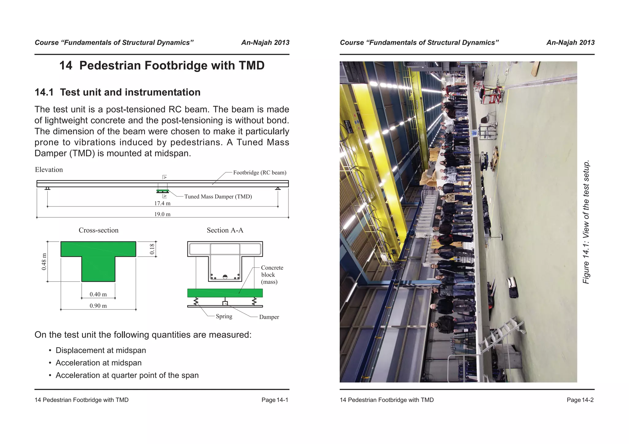 Course “Fundamentals of Structural Dynamics” An-Najah 2013
14 Pedestrian Footbridge with TMD Page14-1
14 Pedestrian Footbridge with TMD
14.1 Test unit and instrumentation
The test unit is a post-tensioned RC beam. The beam is made
of lightweight concrete and the post-tensioning is without bond.
The dimension of the beam were chosen to make it particularly
prone to vibrations induced by pedestrians. A Tuned Mass
Damper (TMD) is mounted at midspan.
On the test unit the following quantities are measured:
• Displacement at midspan
• Acceleration at midspan
• Acceleration at quarter point of the span
Course “Fundamentals of Structural Dynamics” An-Najah 2013
14 Pedestrian Footbridge with TMD Page14-2
Figure14.1:Viewofthetestsetup.
 