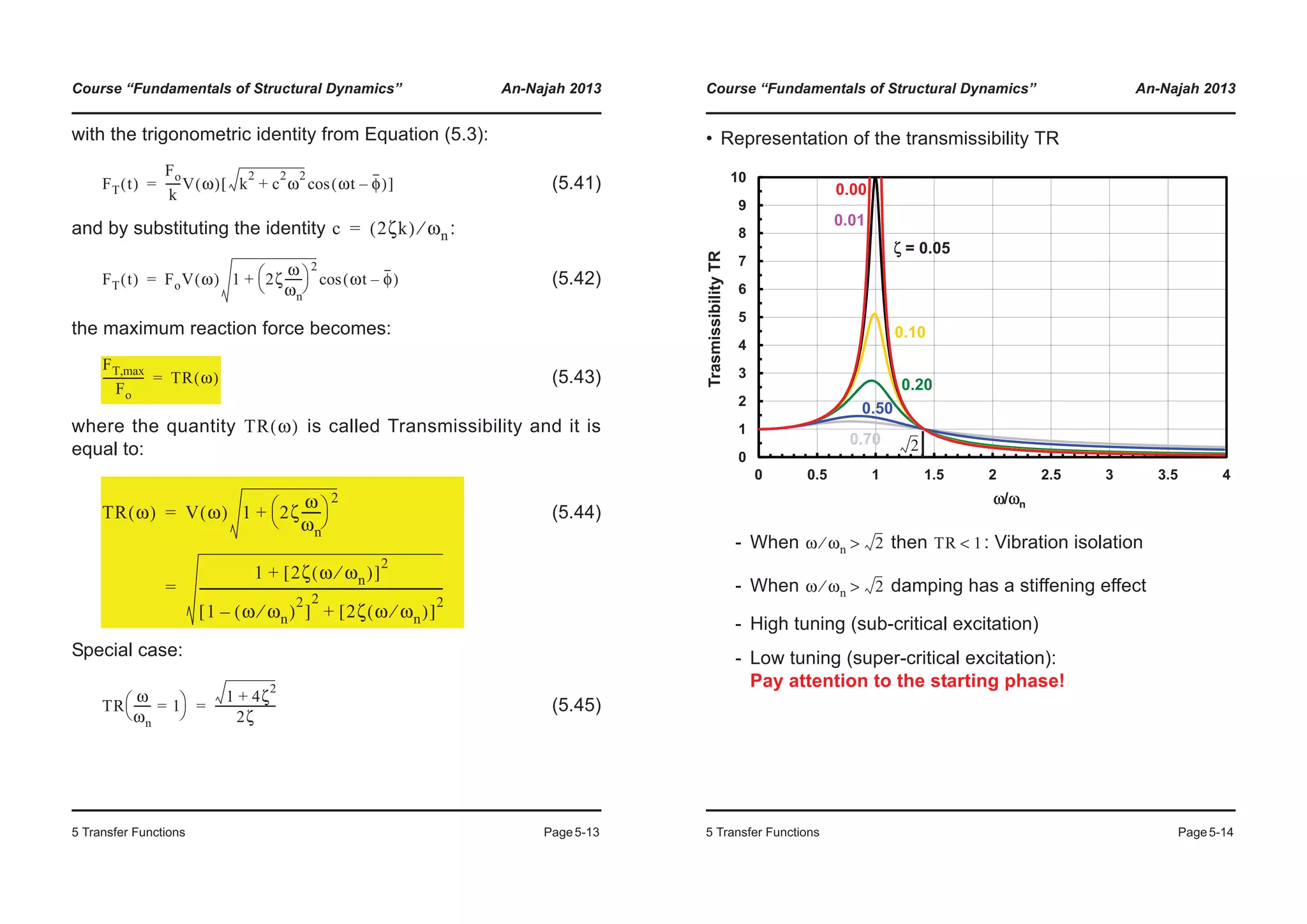 Course “Fundamentals of Structural Dynamics” An-Najah 2013
5 Transfer Functions Page5-13
with the trigonometric identity from Equation (5.3):
(5.41)
and by substituting the identity :
(5.42)
the maximum reaction force becomes:
(5.43)
where the quantity is called Transmissibility and it is
equal to:
(5.44)
Special case:
(5.45)
FT t( )
Fo
k
-----V ω( ) k
2
c
2
ω
2
+ ωt φ–( )cos[ ]=
c 2ζk( ) ωn⁄=
FT t( ) FoV ω( ) 1 2ζ
ω
ωn
------
© ¹
§ ·2
+ ωt φ–( )cos=
FT,max
Fo
--------------- TR ω( )=
TR ω( )
TR ω( ) V ω( ) 1 2ζ
ω
ωn
------
© ¹
§ ·2
+
1 2ζ ω ωn⁄( )[ ]
2
+
1 ω ωn⁄( )
2
–[ ]
2
2ζ ω ωn⁄( )[ ]
2
+
------------------------------------------------------------------------------
=
=
TR
ω
ωn
------ 1=
© ¹
§ · 1 4ζ
2
+
2ζ
----------------------=
Course “Fundamentals of Structural Dynamics” An-Najah 2013
5 Transfer Functions Page5-14
• Representation of the transmissibility TR
- When then : Vibration isolation
- When damping has a stiffening effect
- High tuning (sub-critical excitation)
- Low tuning (super-critical excitation):
Pay attention to the starting phase!
3
4
5
6
7
8
9
10
rasmissibilityTR
0.00
0.10
0.01
ζ = 0.05
0
1
2
3
0 0.5 1 1.5 2 2.5 3 3.5 4
Tr
ω/ωn
0.20
0.50
0.70 2
ω ωn⁄ 2> TR 1<
ω ωn⁄ 2>
 