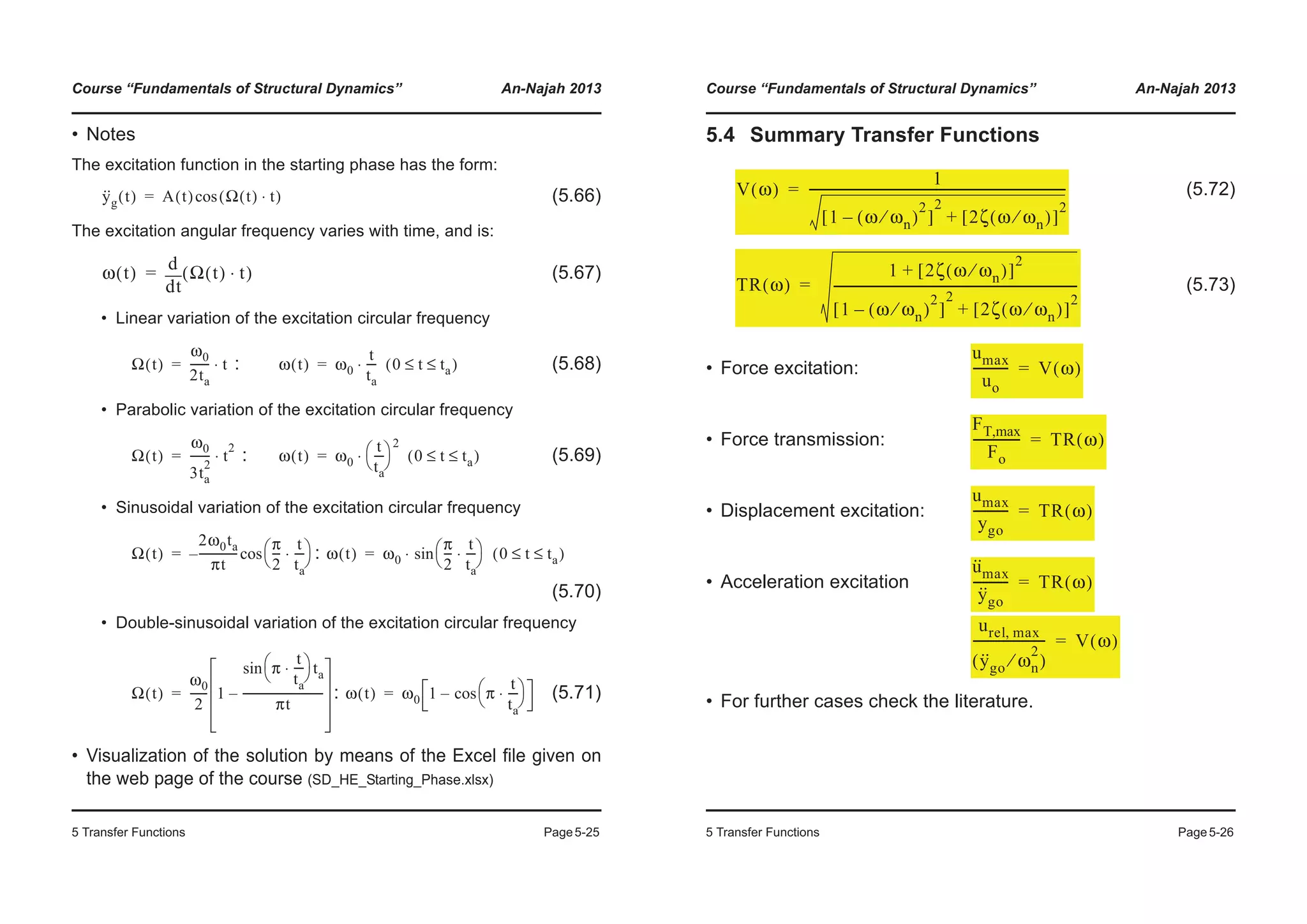 Course “Fundamentals of Structural Dynamics” An-Najah 2013
5 Transfer Functions Page5-25
• Notes
The excitation function in the starting phase has the form:
(5.66)
The excitation angular frequency varies with time, and is:
(5.67)
• Linear variation of the excitation circular frequency
: (5.68)
• Parabolic variation of the excitation circular frequency
: (5.69)
• Sinusoidal variation of the excitation circular frequency
:
(5.70)
• Double-sinusoidal variation of the excitation circular frequency
: (5.71)
• Visualization of the solution by means of the Excel file given on
the web page of the course (SD_HE_Starting_Phase.xlsx)
y··
g t( ) A t( ) Ω t( ) t⋅( )cos=
ω t( )
td
d
Ω t( ) t⋅( )=
Ω t( )
ω0
2ta
------- t⋅= ω t( ) ω0
t
ta
---⋅= 0 t ta≤ ≤( )
Ω t( )
ω0
3ta
2
------- t
2
⋅= ω t( ) ω0
t
ta
---
© ¹
§ ·2
⋅= 0 t ta≤ ≤( )
Ω t( )
2ω0ta
πt
-------------- π
2
---
t
ta
---⋅
© ¹
§ ·cos–= ω t( ) ω0
π
2
---
t
ta
---⋅
© ¹
§ ·sin⋅= 0 t ta≤ ≤( )
Ω t( )
ω0
2
------ 1
π
t
ta
---⋅
© ¹
§ · tasin
πt
-----------------------------–= ω t( ) ω0 1 π
t
ta
---⋅
© ¹
§ ·cos–=
Course “Fundamentals of Structural Dynamics” An-Najah 2013
5 Transfer Functions Page5-26
5.4 Summary Transfer Functions
(5.72)
(5.73)
• Force excitation:
• Force transmission:
• Displacement excitation:
• Acceleration excitation
• For further cases check the literature.
V ω( )
1
1 ω ωn⁄( )
2
–[ ]
2
2ζ ω ωn⁄( )[ ]
2
+
-----------------------------------------------------------------------------------=
TR ω( )
1 2ζ ω ωn⁄( )[ ]
2
+
1 ω ωn⁄( )
2
–[ ]
2
2ζ ω ωn⁄( )[ ]
2
+
------------------------------------------------------------------------------=
umax
uo
----------- V ω( )=
FT,max
Fo
--------------- TR ω( )=
umax
ygo
----------- TR ω( )=
u··
max
y··
go
----------- TR ω( )=
urel max,
y··
go ωn
2
⁄( )
----------------------- V ω( )=
 