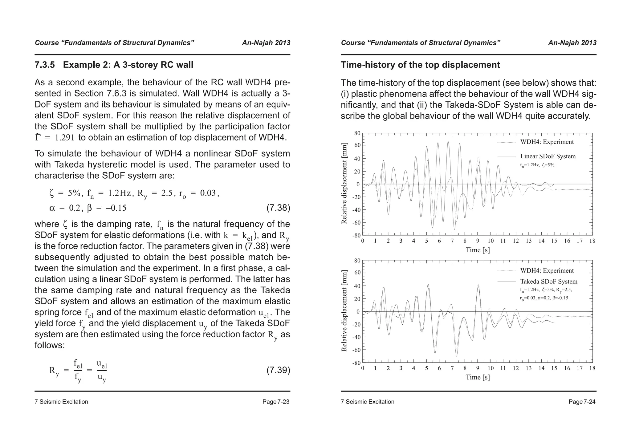 Course “Fundamentals of Structural Dynamics” An-Najah 2013
7 Seismic Excitation Page7-23
7.3.5 Example 2: A 3-storey RC wall
As a second example, the behaviour of the RC wall WDH4 pre-
sented in Section 7.6.3 is simulated. Wall WDH4 is actually a 3-
DoF system and its behaviour is simulated by means of an equiv-
alent SDoF system. For this reason the relative displacement of
the SDoF system shall be multiplied by the participation factor
to obtain an estimation of top displacement of WDH4.
To simulate the behaviour of WDH4 a nonlinear SDoF system
with Takeda hysteretic model is used. The parameter used to
characterise the SDoF system are:
, , , ,
, (7.38)
where is the damping rate, is the natural frequency of the
SDoF system for elastic deformations (i.e. with ), and
is the force reduction factor. The parameters given in (7.38) were
subsequently adjusted to obtain the best possible match be-
tween the simulation and the experiment. In a first phase, a cal-
culation using a linear SDoF system is performed. The latter has
the same damping rate and natural frequency as the Takeda
SDoF system and allows an estimation of the maximum elastic
spring force and of the maximum elastic deformation . The
yield force and the yield displacement of the Takeda SDoF
system are then estimated using the force reduction factor as
follows:
(7.39)
Γ˜ 1.291=
ζ 5%= fn 1.2Hz= Ry 2.5= ro 0.03=
α 0.2= β 0.15–=
ζ fn
k kel= Ry
fel uel
fy uy
Ry
Ry
fel
fy
-----
uel
uy
------= =
Course “Fundamentals of Structural Dynamics” An-Najah 2013
7 Seismic Excitation Page7-24
Time-history of the top displacement
The time-history of the top displacement (see below) shows that:
(i) plastic phenomena affect the behaviour of the wall WDH4 sig-
nificantly, and that (ii) the Takeda-SDoF System is able can de-
scribe the global behaviour of the wall WDH4 quite accurately.
-80
-60
-40
-20
0
20
40
60
80
WDH4: Experiment
Linear SDoF System
fn=1.2Hz, ζ=5%
fn=1.2Hz, ζ=5%, Ry=2.5,
ro=0.03, α=0.2, β=-0.15
Relativedisplacement[mm]
210 54321 54321 54321 543 7 10986 131211 161514 1817
Time [s]
-80
-60
-40
-20
0
20
40
60
80
Relativedisplacement[mm]
210 54321 54321 54321 543 7 10986 131211 161514 1817
Time [s]
WDH4: Experiment
Takeda SDoF System
 
