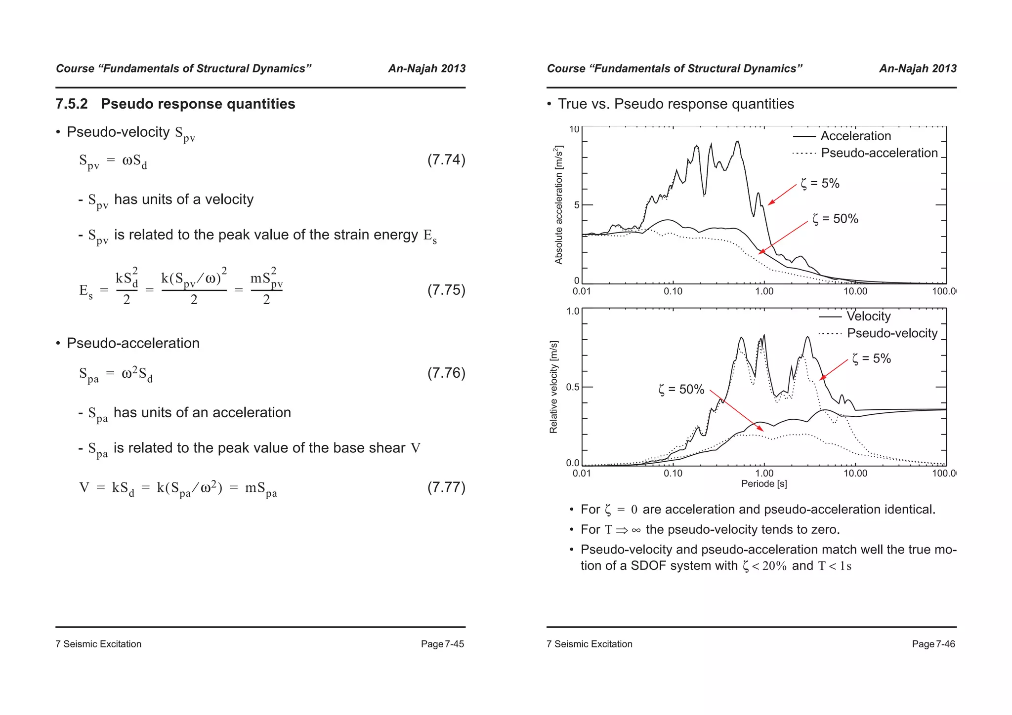 Course “Fundamentals of Structural Dynamics” An-Najah 2013
7 Seismic Excitation Page7-45
7.5.2 Pseudo response quantities
• Pseudo-velocity
(7.74)
- has units of a velocity
- is related to the peak value of the strain energy
(7.75)
• Pseudo-acceleration
(7.76)
- has units of an acceleration
- is related to the peak value of the base shear
(7.77)
Spv
Spv ωSd=
Spv
Spv Es
Es
kSd
2
2
---------
k Spv ω⁄( )
2
2
---------------------------
mSpv
2
2
-------------= = =
Spa ω2Sd=
Spa
Spa V
V kSd k Spa ω2⁄( ) mSpa= = =
Course “Fundamentals of Structural Dynamics” An-Najah 2013
7 Seismic Excitation Page7-46
• True vs. Pseudo response quantities
• For are acceleration and pseudo-acceleration identical.
• For the pseudo-velocity tends to zero.
• Pseudo-velocity and pseudo-acceleration match well the true mo-
tion of a SDOF system with and
0.01 0.10 1.00 10.00 100.00
0
5
10
Absoluteacceleration[m/s2
]
0.01 0.10 1.00 10.00 100.00
Periode [s]
0.0
0.5
1.0
Relativevelocity[m/s]
Acceleration
Pseudo-acceleration
Velocity
Pseudo-velocity
ζ = 5%
ζ = 50%
ζ = 5%
ζ = 50%
ζ 0=
T ∞Ÿ
ζ 20%< T 1s<
 