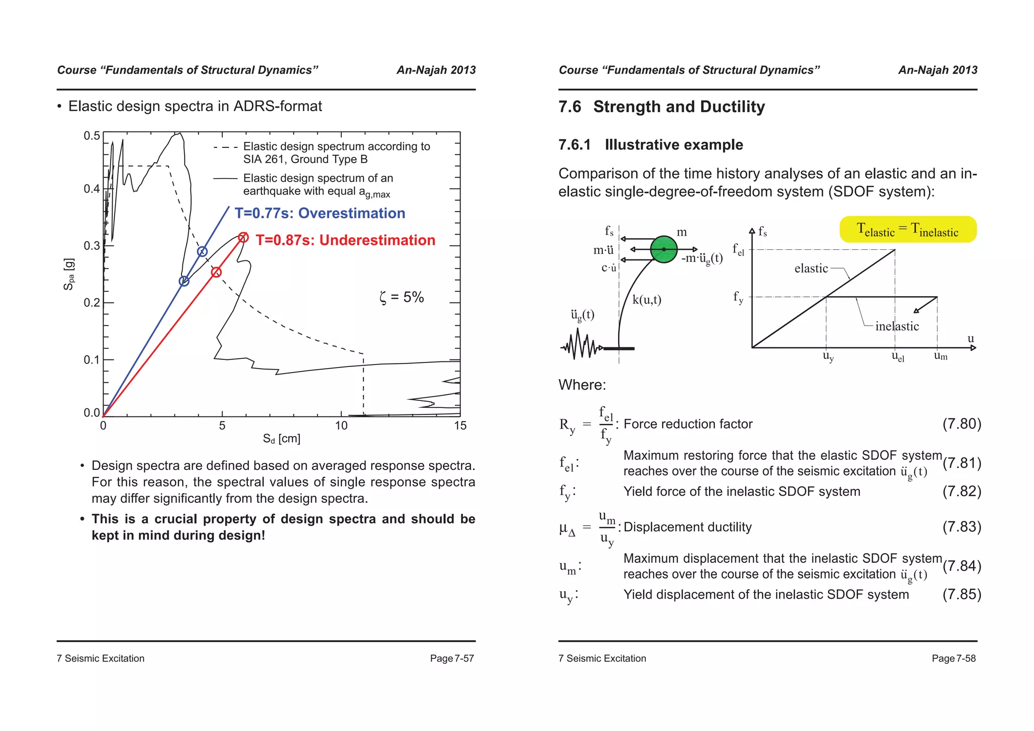 Course “Fundamentals of Structural Dynamics” An-Najah 2013
7 Seismic Excitation Page7-57
• Elastic design spectra in ADRS-format
• Design spectra are defined based on averaged response spectra.
For this reason, the spectral values of single response spectra
may differ significantly from the design spectra.
• This is a crucial property of design spectra and should be
kept in mind during design!
0 5 10 15
Sd [cm]
0.0
0.1
0.2
0.3
0.4
0.5
Spa[g]
Elastic design spectrum of an
earthquake with equal ag,max
Elastic design spectrum according to
SIA 261, Ground Type B
ζ = 5%
T=0.87s: Underestimation
T=0.77s: Overestimation
Course “Fundamentals of Structural Dynamics” An-Najah 2013
7 Seismic Excitation Page7-58
7.6 Strength and Ductility
7.6.1 Illustrative example
Comparison of the time history analyses of an elastic and an in-
elastic single-degree-of-freedom system (SDOF system):
Where:
: Force reduction factor (7.80)
: Maximum restoring force that the elastic SDOF system
reaches over the course of the seismic excitation
(7.81)
: Yield force of the inelastic SDOF system (7.82)
:Displacement ductility (7.83)
: Maximum displacement that the inelastic SDOF system
reaches over the course of the seismic excitation
(7.84)
: Yield displacement of the inelastic SDOF system (7.85)
Telastic = Tinelastic
Ry
fel
fy
-----=
fel u··
g t( )
fy
μΔ
um
uy
------=
um u··
g t( )
uy
 
