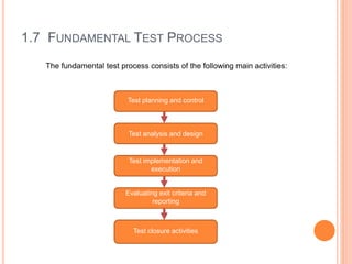 1.7 FUNDAMENTAL TEST PROCESS
The fundamental test process consists of the following main activities:
Test planning and con...
