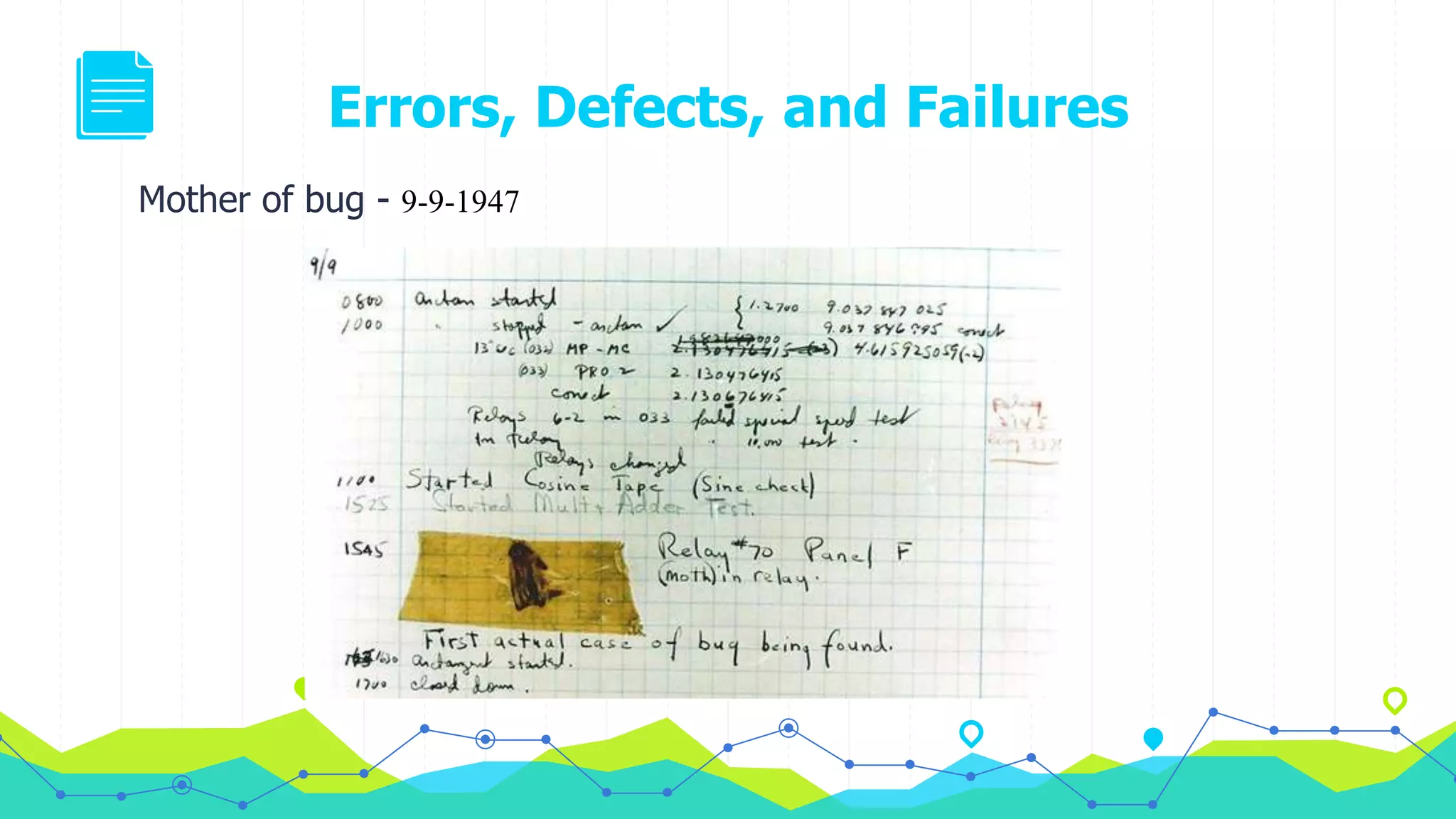 Errors, Defects, and Failures
Mother of bug - 9-9-1947
 