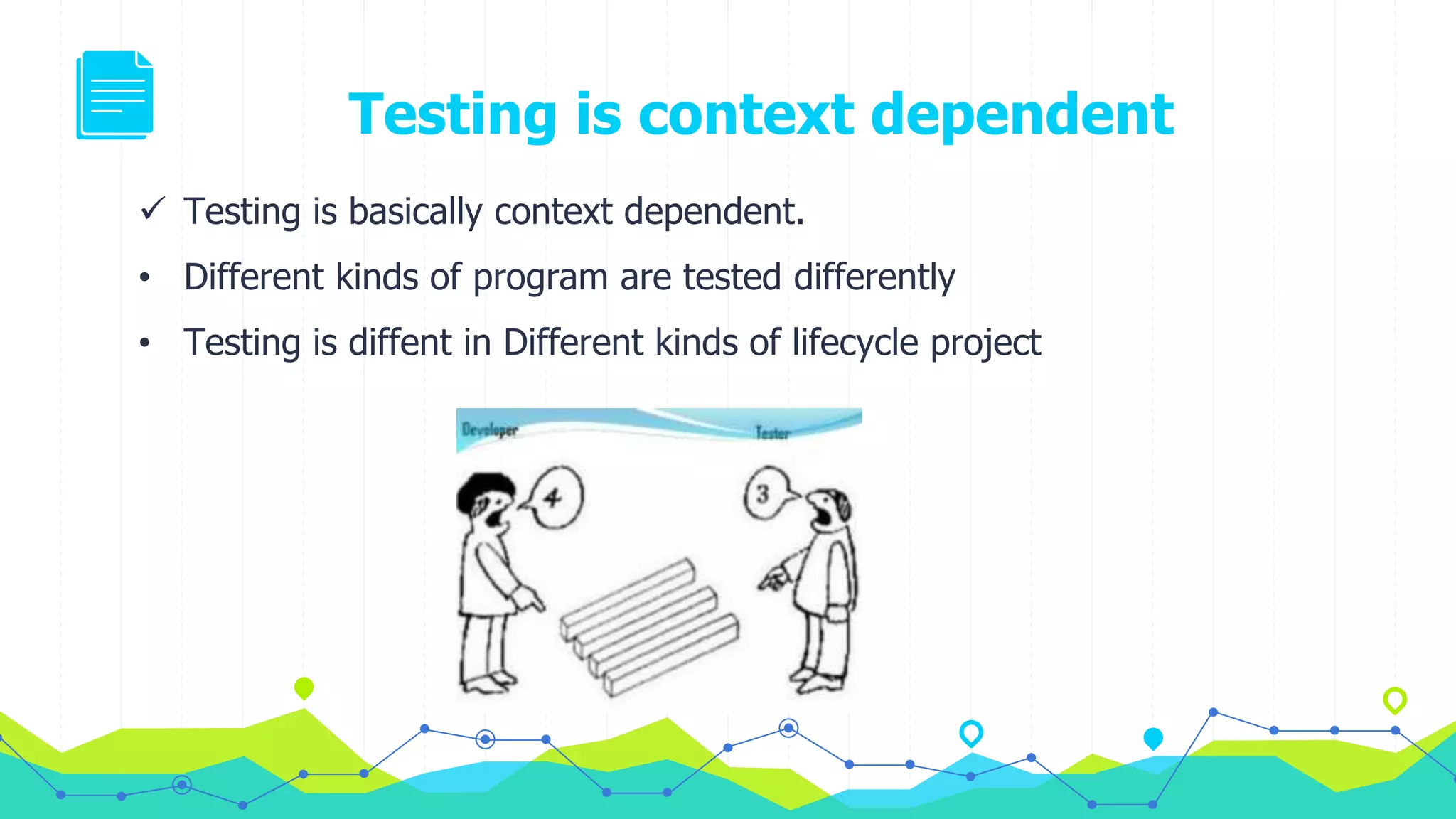 Testing is context dependent
 Testing is basically context dependent.
• Different kinds of program are tested differently
• Testing is diffent in Different kinds of lifecycle project
 
