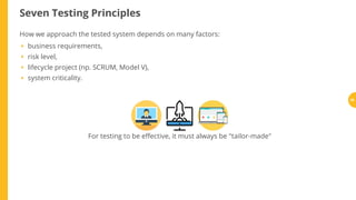 Seven Testing Principles
How we approach the tested system depends on many factors:
business requirements,
risk level,
lifecycle project (np. SCRUM, Model V),
system criticality.
•
•
•
•
For testing to be e ective, it must always be "tailor-made"
39
 