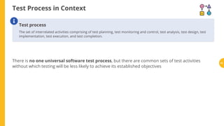 Test Process in Context
Test process
The set of interrelated activities comprising of test planning, test monitoring and control, test analysis, test design, test
implementation, test execution, and test completion.

There is no one universal software test process, but there are common sets of test activities
without which testing will be less likely to achieve its established objectives
43
 