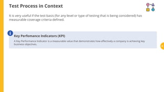Test Process in Context
It is very useful if the test basis (for any level or type of testing that is being considered) has
measurable coverage criteria de ned.
Key Perfomance Indicators (KPI)
A Key Performance Indicator is a measurable value that demonstrates how e ectively a company is achieving key
business objectives.

45
 