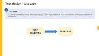 Test design - test case
Test case
A set of preconditions, inputs, actions (where applicable), expected results and postconditions, developed based on test
conditions.

62
 
