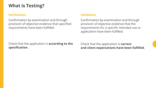 What is Testing?
Veri cation
Con rmation by examination and through
provision of objective evidence that speci ed
requirements have been ful lled.
Check that the application is according to the
speci cation.
Validation
Con rmation by examination and through
provision of objective evidence that the
requirements for a speci c intended use or
application have been ful lled.
Check that the application is correct
and client expectations have been ful lled.
7
 