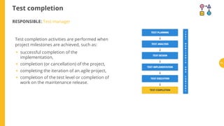 Test completion activities are performed when
project milestones are achieved, such as:
successful completion of the
implementation,
completion (or cancellation) of the project,
completing the iteration of an agile project,
completion of the test level or completion of
work on the maintenance release.
Test completion
RESPONSIBLE: Test manager
•
•
•
•
73
 