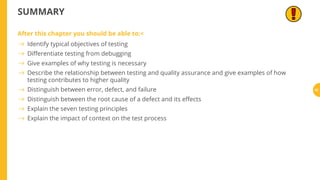 SUMMARY
After this chapter you should be able to:<
Identify typical objectives of testing
Di erentiate testing from debugging
Give examples of why testing is necessary
Describe the relationship between testing and quality assurance and give examples of how
testing contributes to higher quality
Distinguish between error, defect, and failure
Distinguish between the root cause of a defect and its e ects
Explain the seven testing principles
Explain the impact of context on the test process
92
 