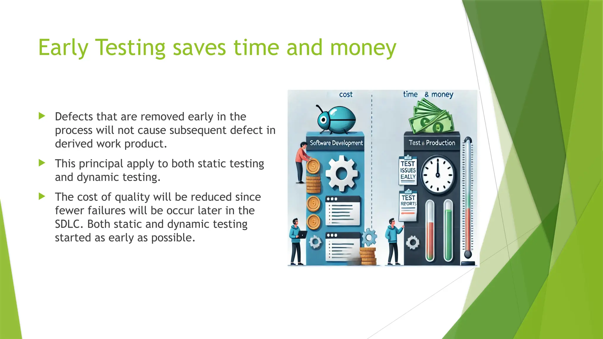Early Testing saves time and money
 Defects that are removed early in the
process will not cause subsequent defect in
derived work product.
 This principal apply to both static testing
and dynamic testing.
 The cost of quality will be reduced since
fewer failures will be occur later in the
SDLC. Both static and dynamic testing
started as early as possible.
 