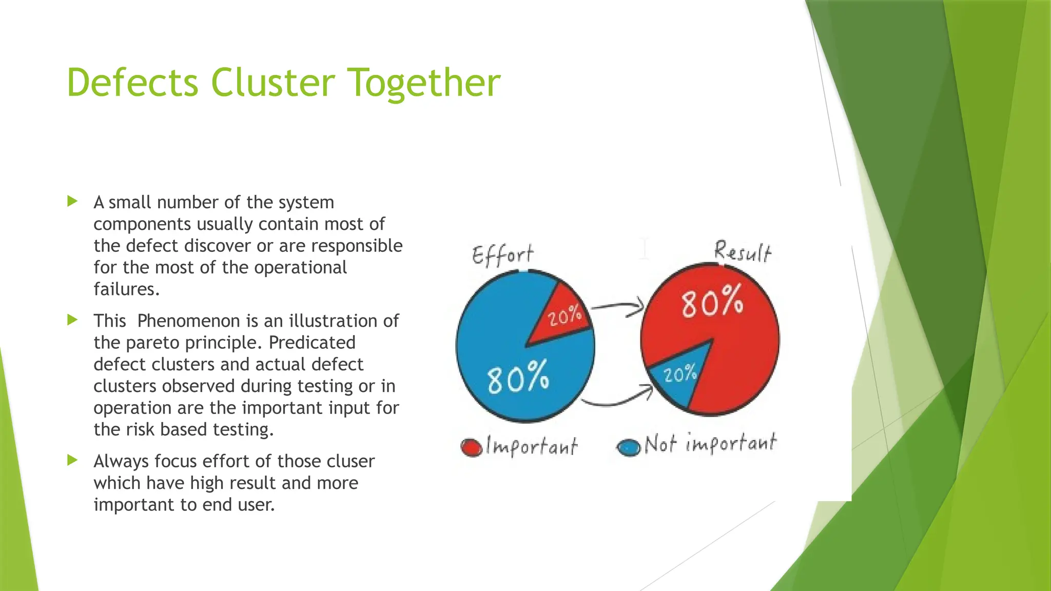 Defects Cluster Together
 A small number of the system
components usually contain most of
the defect discover or are responsible
for the most of the operational
failures.
 This Phenomenon is an illustration of
the pareto principle. Predicated
defect clusters and actual defect
clusters observed during testing or in
operation are the important input for
the risk based testing.
 Always focus effort of those cluser
which have high result and more
important to end user.
 
