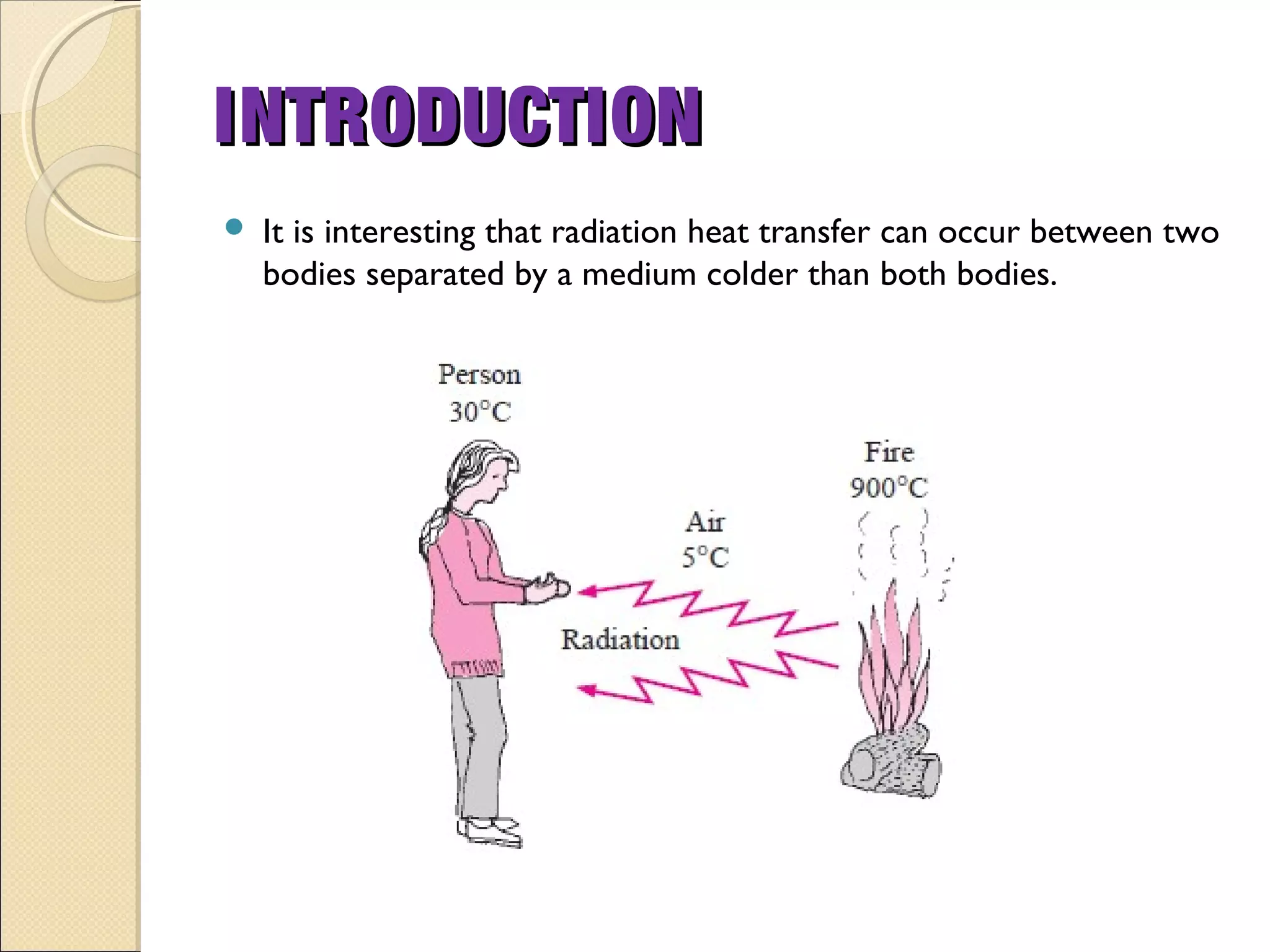  It is interesting that radiation heat transfer can occur between two
bodies separated by a medium colder than both bodies.
INTRODUCTIONINTRODUCTION
 