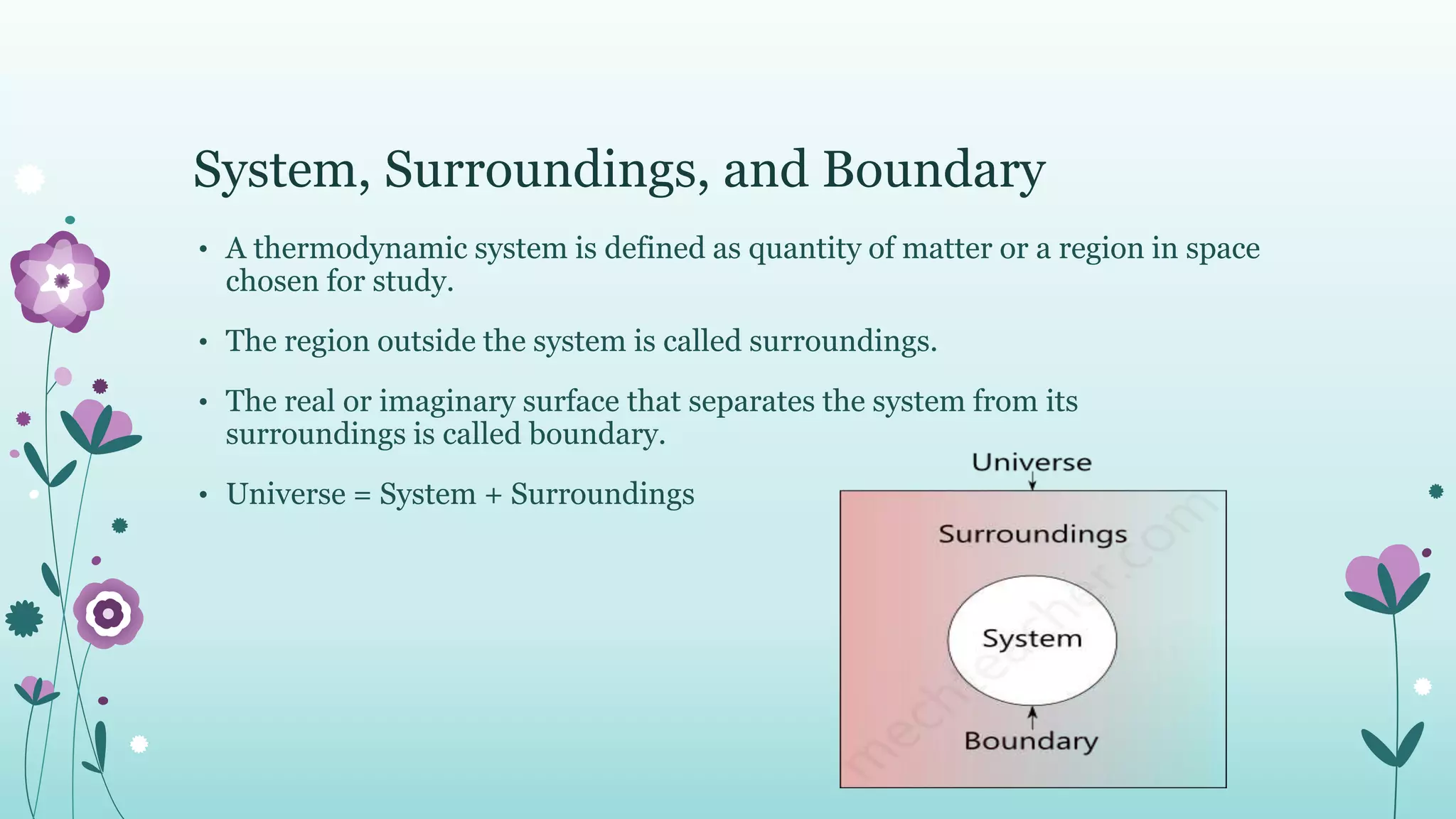 System, Surroundings, and Boundary
• A thermodynamic system is defined as quantity of matter or a region in space
chosen for study.
• The region outside the system is called surroundings.
• The real or imaginary surface that separates the system from its
surroundings is called boundary.
• Universe = System + Surroundings
 
