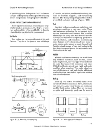 Chapter 4: Workholding Concepts Fundamentals of Tool Design, Sixth Edition
145
of operating points. In Figure 4-135, a little fore-
thought and ingenuity make it possible to clamp
almost any part in a multiple-part workholder.
JIG AND FIXTURE CONSTRUCTION PRINCIPLES
Every jig and fixture must be constructed prop-
erly to function as intended. The degree of accu-
racy and durability of the workholder is directly
related to the way the tool is constructed.
Tool Bodies
Tool bodies are the major element of jigs and
fixtures. They form the general size and shape
of the tool, as well as provide the mounting sur-
faces for locators, supports, and workholding
devices. The three principal types of tool bodies
are welded, cast, and built-up (Figure 4-136).
Cast
Cast tool bodies normally are made from cast
aluminum, cast iron, or cast epoxy resin. These
tool bodies are well suited for permanent, high-
volume production workholders. The principal
advantages in using cast tool bodies include:
stability and vibration dampening, good mate-
rial distribution, and reductions in machining
time. But cast tool bodies normally cost more to
make since a pattern must be made for each tool.
Another disadvantage of cast tool bodies is the
long lead-time requirement between design and
fabrication of the tool.
Welded
Welded tool bodies normally are made from
any weldable materials, such as steel, alumi-
num, magnesium, etc. This type of tool body can
be easily fabricated with minimum lead time.
Welded tool bodies are strong, rigid, and easily
modified when required. The major disadvan-
tage of this type of tool body is the additional
machining time required to repair and remove
heat-distorted areas.
Built-up
Built-up tool bodies are made from a wide
variety of different materials. Steel, aluminum,
cast iron, wood, and epoxy resins are commonly
used for built-up tool bodies. They are the most
versatile and frequently used type for general
Figure 4-135. Multiple-part clamping. Figure 4-136. Three types of tool bodies.
Copyright © 2010 Society of Manufacturing Engineers
 