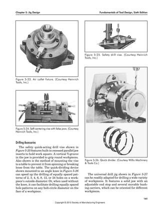 Chapter 5: Jig Design Fundamentals of Tool Design, Sixth Edition
165
Drilling Accessories
The safety quick-acting drill vise shown in
Figure 5-25 features built-in recessed parallel jaw
inserts to hold work square. A vertical V-groove
in the jaw is provided to grip round workpieces.
Also shown is the method of mounting the vise
to a table to prevent it from spinning or breaking
loose from the table. The quick-dividing device
shown mounted to an angle knee in Figure 5-26
can speed up the drilling of equally spaced pat-
terns of 2, 3, 4, 6, 8, 12, or 24 holes on a work-
piece’s outside diameter. Or, when used without
the knee, it can facilitate drilling equally spaced
hole patterns on any bolt-circle diameter on the
face of a workpiece.
The universal drill jig shown in Figure 5-27
can be readily adapted for drilling a wide variety
of workpieces. It features a solid jaw with an
adjustable end stop and several movable bush-
ing carriers, which can be oriented for different
workpieces.
Figure 5-23. Air collet fixture. (Courtesy Heinrich
Tools, Inc.)
Figure 5-24. Self-centering vise with false jaws. (Courtesy
Heinrich Tools, Inc.)
Figure 5-25. Safety drill vise. (Courtesy Heinrich
Tools, Inc.)
Figure 5-26. Quick divider. (Courtesy Willis Machinery
& Tools Co.)
Copyright © 2010 Society of Manufacturing Engineers
 