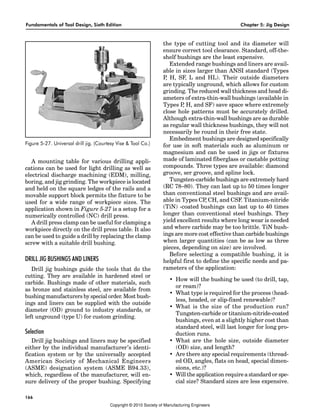 Fundamentals of Tool Design, Sixth Edition Chapter 5: Jig Design
166
A mounting table for various drilling appli-
cations can be used for light drilling as well as
electrical discharge machining (EDM), milling,
boring, and jig grinding. The workpiece is located
and held on the square ledges of the rails and a
movable support block permits the fixture to be
used for a wide range of workpiece sizes. The
application shown in Figure 5-27 is a setup for a
numerically controlled (NC) drill press.
A drill press clamp can be useful for clamping a
workpiece directly on the drill press table. It also
can be used to guide a drill by replacing the clamp
screw with a suitable drill bushing.
DRILL JIG BUSHINGS AND LINERS
Drill jig bushings guide the tools that do the
cutting. They are available in hardened steel or
carbide. Bushings made of other materials, such
as bronze and stainless steel, are available from
bushing manufacturers by special order. Most bush-
ings and liners can be supplied with the outside
diameter (OD) ground to industry standards, or
left unground (type U) for custom grinding.
Selection
Drill jig bushings and liners may be specified
either by the individual manufacturer’s identi-
fication system or by the universally accepted
American Society of Mechanical Engineers
(ASME) designation system (ASME B94.33),
which, regardless of the manufacturer, will en-
sure delivery of the proper bushing. Specifying
the type of cutting tool and its diameter will
ensure correct tool clearance. Standard, off-the-
shelf bushings are the least expensive.
Extended range bushings and liners are avail-
able in sizes larger than ANSI standard (Types
P
, H, SF, L and HL). Their outside diameters
are typically unground, which allows for custom
grinding. The reduced wall thickness and head di-
ameters of extra-thin-wall bushings (available in
Types P
, H, and SF) save space where extremely
close hole patterns must be accurately drilled.
Although extra-thin-wall bushings are as durable
as regular wall thickness bushings, they will not
necessarily be round in their free state.
Embedment bushings are designed specifically
for use in soft materials such as aluminum or
magnesium and can be used in jigs or fixtures
made of laminated fiberglass or castable potting
compounds. Three types are available: diamond
groove, ser groove, and spline lock.
Tungsten-carbide bushings are extremely hard
(RC 78–80). They can last up to 50 times longer
than conventional steel bushings and are avail-
able in Types CP
, CH, and CSF. Titanium-nitride
(TiN) -coated bushings can last up to 40 times
longer than conventional steel bushings. They
yield excellent results where long wear is needed
and where carbide may be too brittle. TiN bush-
ings are more cost effective than carbide bushings
when larger quantities (can be as low as three
pieces, depending on size) are involved.
Before selecting a compatible bushing, it is
helpful first to define the specific needs and pa-
rameters of the application:
• How will the bushing be used (to drill, tap,
or ream)?
• What type is required for the process (head-
less, headed, or slip-fixed renewable)?
• What is the size of the production run?
Tungsten-carbide or titanium-nitride-coated
bushings, even at a slightly higher cost than
standard steel, will last longer for long pro-
duction runs.
• What are the hole size, outside diameter
(OD) size, and length?
• Are there any special requirements (thread-
ed OD, angles, flats on head, special dimen-
sions, etc.)?
• Will the application require a standard or spe-
cial size? Standard sizes are less expensive.
Figure 5-27. Universal drill jig. (Courtesy Vise & Tool Co.)
Copyright © 2010 Society of Manufacturing Engineers
 