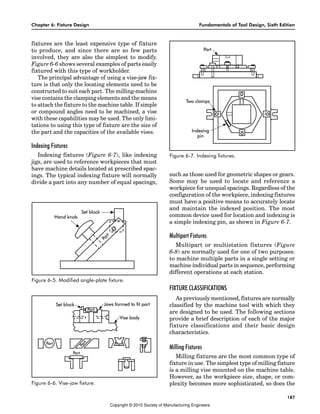 Chapter 6: Fixture Design Fundamentals of Tool Design, Sixth Edition
187
fixtures are the least expensive type of fixture
to produce, and since there are so few parts
involved, they are also the simplest to modify.
Figure 6-6 shows several examples of parts easily
fixtured with this type of workholder.
The principal advantage of using a vise-jaw fix-
ture is that only the locating elements need to be
constructed to suit each part. The milling-machine
vise contains the clamping elements and the means
to attach the fixture to the machine table. If simple
or compound angles need to be machined, a vise
with these capabilities may be used. The only limi-
tations to using this type of fixture are the size of
the part and the capacities of the available vises.
Indexing Fixtures
Indexing fixtures (Figure 6-7), like indexing
jigs, are used to reference workpieces that must
have machine details located at prescribed spac-
ings. The typical indexing fixture will normally
divide a part into any number of equal spacings,
such as those used for geometric shapes or gears.
Some may be used to locate and reference a
workpiece for unequal spacings. Regardless of the
configuration of the workpiece, indexing fixtures
must have a positive means to accurately locate
and maintain the indexed position. The most
common device used for location and indexing is
a simple indexing pin, as shown in Figure 6-7.
Multipart Fixtures
Multipart or multistation fixtures (Figure
6-8) are normally used for one of two purposes:
to machine multiple parts in a single setting or
machine individual parts in sequence, performing
different operations at each station.
FIXTURE CLASSIFICATIONS
As previously mentioned, fixtures are normally
classified by the machine tool with which they
are designed to be used. The following sections
provide a brief description of each of the major
fixture classifications and their basic design
characteristics.
Milling Fixtures
Milling fixtures are the most common type of
fixture in use. The simplest type of milling fixture
is a milling vise mounted on the machine table.
However, as the workpiece size, shape, or com-
plexity becomes more sophisticated, so does the
Figure 6-5. Modified angle-plate fixture.
Figure 6-6. Vise-jaw fixture.
Figure 6-7. Indexing fixtures.
Copyright © 2010 Society of Manufacturing Engineers
 