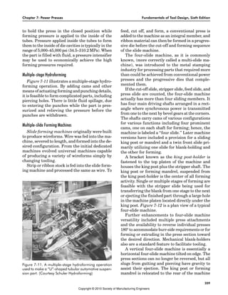 Chapter 7: Power Presses Fundamentals of Tool Design, Sixth Edition
209
to hold the press in the closed position while
forming pressure is applied to the inside of the
tubes. Pressure applied inside the tubes to form
them to the inside of die cavities is typically in the
range of 5,000–45,000 psi (34.5–310.2 MPa). When
the part is filled with fluid, a pressure intensifier
may be used to economically achieve the high
forming pressures required.
Multiple-stage Hydroforming
Figure 7-11 illustrates a multiple-stage hydro-
forming operation. By adding cams and other
means of actuating forming and punching details,
it is feasible to form complicated parts, including
piercing holes. There is little fluid spillage, due
to entering the punches while the part is pres-
surized and relieving the pressure before the
punches are withdrawn.
Multiple-slide Forming Machines
Slide forming machines originally were built
to produce wireforms. Wire was fed into the ma-
chine, severed to length, and formed into the de-
sired configuration. From the initial dedicated
machines evolved universal machines capable
of producing a variety of wireforms simply by
changing tooling.
Strip or ribbon stock is fed into the slide form-
ing machine and processed the same as wire. To
feed, cut off, and form, a conventional press is
added to the machine as an integral member, and
ribbon material can then be formed in a progres-
sive die before the cut-off and forming sequence
of the slide machine.
The four-slide machine, as it is commonly
known, (more correctly called a multi-slide ma-
chine), was introduced to the metal stamping
industry for processing parts that required more
than could be achieved from conventional power
presses and the progressive dies that comple-
mented them.
If the cut-off slide, stripper slide, feed slide, and
press slide are counted, the four-slide machine
actually has more than four sliding members. It
has four main driving shafts arranged in a rect-
angle where synchronous power is transmitted
from one to the next by bevel gears at the corners.
The shafts carry cams of various configurations
for various functions including four prominent
cams, one on each shaft for forming; hence, the
machine is labeled a “four slide.” Later machine
versions have included a provision for a sliding
king post or mandrel and a twin front slide pri-
marily utilizing one slide for blank-holding and
the other for forming.
A bracket known as the king post-holder is
fastened to the top platen of the machine and
houses the king post plus the stripper shaft. The
king post or forming mandrel, suspended from
the king post-holder is the center of all forming
activity. Single or multiple stages of forming are
feasible with the stripper slide being used for
transferring the blank from one stage to the next
or ejecting the finished part through a large hole
in the machine platen located directly under the
king post. Figure 7-12 is a plan view of a typical
four-slide machine.
Further enhancements to four-slide machine
versatility included multiple press attachments
and the availability to reverse individual presses
180° to accommodate burr-side requirements or for
forming or extruding in the press section toward
the desired direction. Mechanical blank-holders
also are a standard feature to facilitate tooling.
A vertical four-slide machine is essentially a
horizontal four-slide machine tilted on edge. The
press sections can no longer be reversed, but all
slugs from gutting and piercing have gravity to
assist their ejection. The king post or forming
mandrel is relocated to the rear of the machine
Figure 7-11. A multiple-stage hydroforming operation
used to make a “U”-shaped tubular automotive suspen-
sion part. (Courtesy Schuler Hydroforming)
Copyright © 2010 Society of Manufacturing Engineers
 