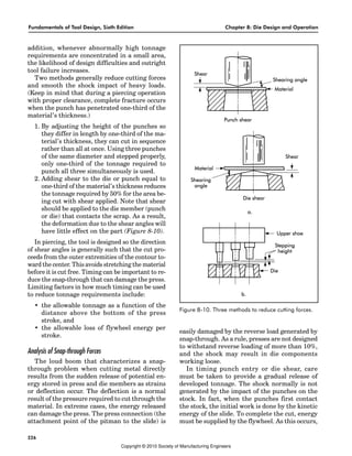 Fundamentals of Tool Design, Sixth Edition Chapter 8: Die Design and Operation
226
addition, whenever abnormally high tonnage
requirements are concentrated in a small area,
the likelihood of design difficulties and outright
tool failure increases.
Two methods generally reduce cutting forces
and smooth the shock impact of heavy loads.
(Keep in mind that during a piercing operation
with proper clearance, complete fracture occurs
when the punch has penetrated one-third of the
material’s thickness.)
1. By adjusting the height of the punches so
they differ in length by one-third of the ma-
terial’s thickness, they can cut in sequence
rather than all at once. Using three punches
of the same diameter and stepped properly,
only one-third of the tonnage required to
punch all three simultaneously is used.
2. Adding shear to the die or punch equal to
one-third of the material’s thickness reduces
the tonnage required by 50% for the area be-
ing cut with shear applied. Note that shear
should be applied to the die member (punch
or die) that contacts the scrap. As a result,
the deformation due to the shear angles will
have little effect on the part (Figure 8-10).
In piercing, the tool is designed so the direction
of shear angles is generally such that the cut pro-
ceeds from the outer extremities of the contour to-
ward the center. This avoids stretching the material
before it is cut free. Timing can be important to re-
duce the snap-through that can damage the press.
Limiting factors in how much timing can be used
to reduce tonnage requirements include:
• the allowable tonnage as a function of the
distance above the bottom of the press
stroke, and
• the allowable loss of flywheel energy per
stroke.
Analysis of Snap-through Forces
The loud boom that characterizes a snap-
through problem when cutting metal directly
results from the sudden release of potential en-
ergy stored in press and die members as strains
or deflection occur. The deflection is a normal
result of the pressure required to cut through the
material. In extreme cases, the energy released
can damage the press. The press connection (the
attachment point of the pitman to the slide) is
easily damaged by the reverse load generated by
snap-through. As a rule, presses are not designed
to withstand reverse loading of more than 10%,
and the shock may result in die components
working loose.
In timing punch entry or die shear, care
must be taken to provide a gradual release of
developed tonnage. The shock normally is not
generated by the impact of the punches on the
stock. In fact, when the punches first contact
the stock, the initial work is done by the kinetic
energy of the slide. To complete the cut, energy
must be supplied by the flywheel. As this occurs,
Figure 8-10. Three methods to reduce cutting forces.
Copyright © 2010 Society of Manufacturing Engineers
 