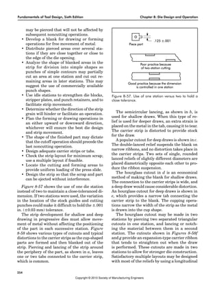 Fundamentals of Tool Design, Sixth Edition Chapter 8: Die Design and Operation
254
may be pierced that will not be affected by
subsequent noncutting operations.
• Develop a blank for drawing or forming
operations for free movement of metal.
• Distribute pierced areas over several sta-
tions if they are close together or close to
the edge of the die opening.
• Analyze the shape of blanked areas in the
strip for division into simple shapes so
punches of simple contours may partially
cut an area at one station and cut out re-
maining areas in later stations. This may
suggest the use of commercially available
punch shapes.
• Use idle stations to strengthen die blocks,
stripper plates, and punch retainers, and to
facilitate strip movement.
• Determine whether the direction of the strip
grain will hinder or facilitate an operation.
• Plan the forming or drawing operations in
an either upward or downward direction,
whichever will ensure the best die design
and strip movement.
• The shape of the finished part may dictate
that the cutoff operation should precede the
last noncutting operation.
• Design adequate carrier strips or tabs.
• Check the strip layout for minimum scrap;
use a multiple layout if feasible.
• Locate the cutting and forming areas to
provide uniform loading of the press slide.
• Design the strip so that the scrap and part
can be ejected without interference.
Figure 8-57 shows the use of one die station
instead of two to maintain a close-toleranced di-
mension. If two stations were used, the variation
in the location of the stock guides and cutting
punches could make it difficult to hold the ±.001
in. (±0.03 mm) tolerance.
The strip development for shallow and deep
drawing in progressive dies must allow move-
ment of metal without affecting the positioning
of the part in each successive station. Figure
8-58 shows various types of cutouts and typical
distortions to the carrier strips as the cup-shaped
parts are formed and then blanked out of the
strip. Piercing and lancing of the strip around
the periphery of the part, as shown in a, leaves
one or two tabs connected to the carrier strip,
which is common.
The semicircular lancing, as shown in b, is
used for shallow draws. When this type of re-
lief is used for deeper draws, an extra strain is
placed on the metal in the tab, causing it to tear.
The carrier strip is distorted to provide stock
for the draw.
A popular cutout for deep draws is shown in c.
The double-lanced relief suspends the blank on
narrow ribbons, and no distortion takes place in
the carrier strips. Two sets of single, rounded
lanced reliefs of slightly different diameters are
placed diametrically opposite each other to pro-
duce the ribbon suspension.
The hourglass cutout in d is an economical
method of making the blank for shallow draws.
The connection to the carrier strips is wide, and
a deep draw would cause considerable distortion.
An hourglass cutout for deep draws is shown in
e, which provides a narrow tab connecting the
carrier strip to the blank. The cupping opera-
tions narrow the width of the strip as the metal
is drawn into the cup shape.
The hourglass cutout may be made in two
stations by piercing two separated triangular
cutouts in one station, and lancing or notch-
ing the material between them in a second
station. The cutouts shown in Figures 8-58f
and g provide an expansion-type carrier ribbon
that tends to straighten out when the draw
is performed. These cutouts are made in two
stations to allow for stronger die construction.
Satisfactory multiple layouts may be designed
with most of the reliefs by using a longitudinal
Figure 8-57. Use of one station versus two to hold a
close tolerance.
Copyright © 2010 Society of Manufacturing Engineers
 