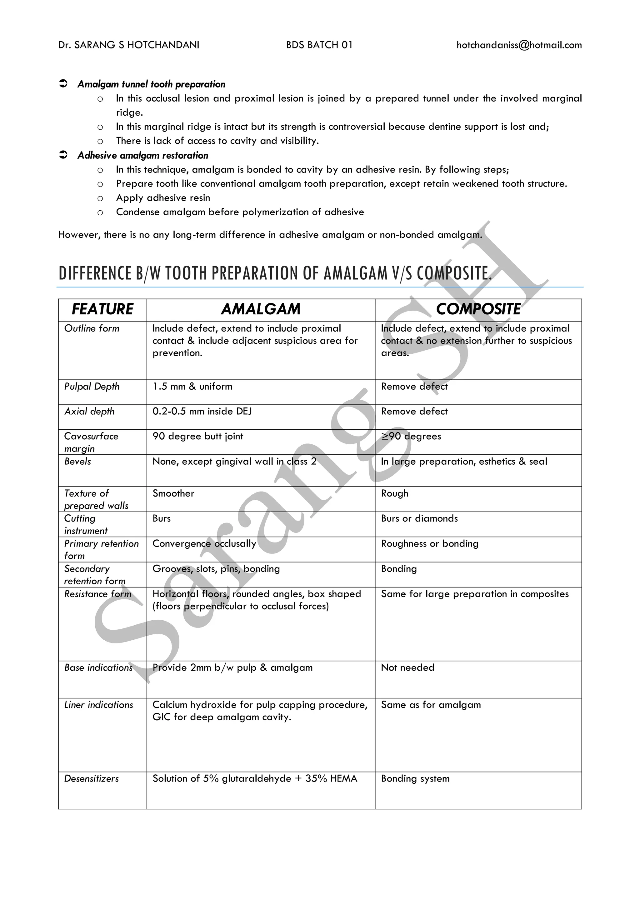 Dr. SARANG S HOTCHANDANI BDS BATCH 01 hotchandaniss@hotmail.com
 Amalgam tunnel tooth preparation
o In this occlusal lesion and proximal lesion is joined by a prepared tunnel under the involved marginal
ridge.
o In this marginal ridge is intact but its strength is controversial because dentine support is lost and;
o There is lack of access to cavity and visibility.
 Adhesive amalgam restoration
o In this technique, amalgam is bonded to cavity by an adhesive resin. By following steps;
o Prepare tooth like conventional amalgam tooth preparation, except retain weakened tooth structure.
o Apply adhesive resin
o Condense amalgam before polymerization of adhesive
However, there is no any long-term difference in adhesive amalgam or non-bonded amalgam.
DIFFERENCE B/W TOOTH PREPARATION OF AMALGAM V/S COMPOSITE.
FEATURE AMALGAM COMPOSITE
Outline form Include defect, extend to include proximal
contact & include adjacent suspicious area for
prevention.
Include defect, extend to include proximal
contact & no extension further to suspicious
areas.
Pulpal Depth 1.5 mm & uniform Remove defect
Axial depth 0.2-0.5 mm inside DEJ Remove defect
Cavosurface
margin
90 degree butt joint ≥90 degrees
Bevels None, except gingival wall in class 2 In large preparation, esthetics & seal
Texture of
prepared walls
Smoother Rough
Cutting
instrument
Burs Burs or diamonds
Primary retention
form
Convergence occlusally Roughness or bonding
Secondary
retention form
Grooves, slots, pins, bonding Bonding
Resistance form Horizontal floors, rounded angles, box shaped
(floors perpendicular to occlusal forces)
Same for large preparation in composites
Base indications Provide 2mm b/w pulp & amalgam Not needed
Liner indications Calcium hydroxide for pulp capping procedure,
GIC for deep amalgam cavity.
Same as for amalgam
Desensitizers Solution of 5% glutaraldehyde + 35% HEMA Bonding system
 