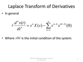 Laplace Transform of Derivatives
• In general
• Where is the initial condition of the system.






n
k
k
k
n
n
n
n
x
s
s
X
s
dt
t
x
d
1
)
1
(
)
0
(
)
(
)
(

)
(0
x
5
PPD By: Mr. Abhishek K Ranjan, Lecturer,
G.P Sheikhpura
 