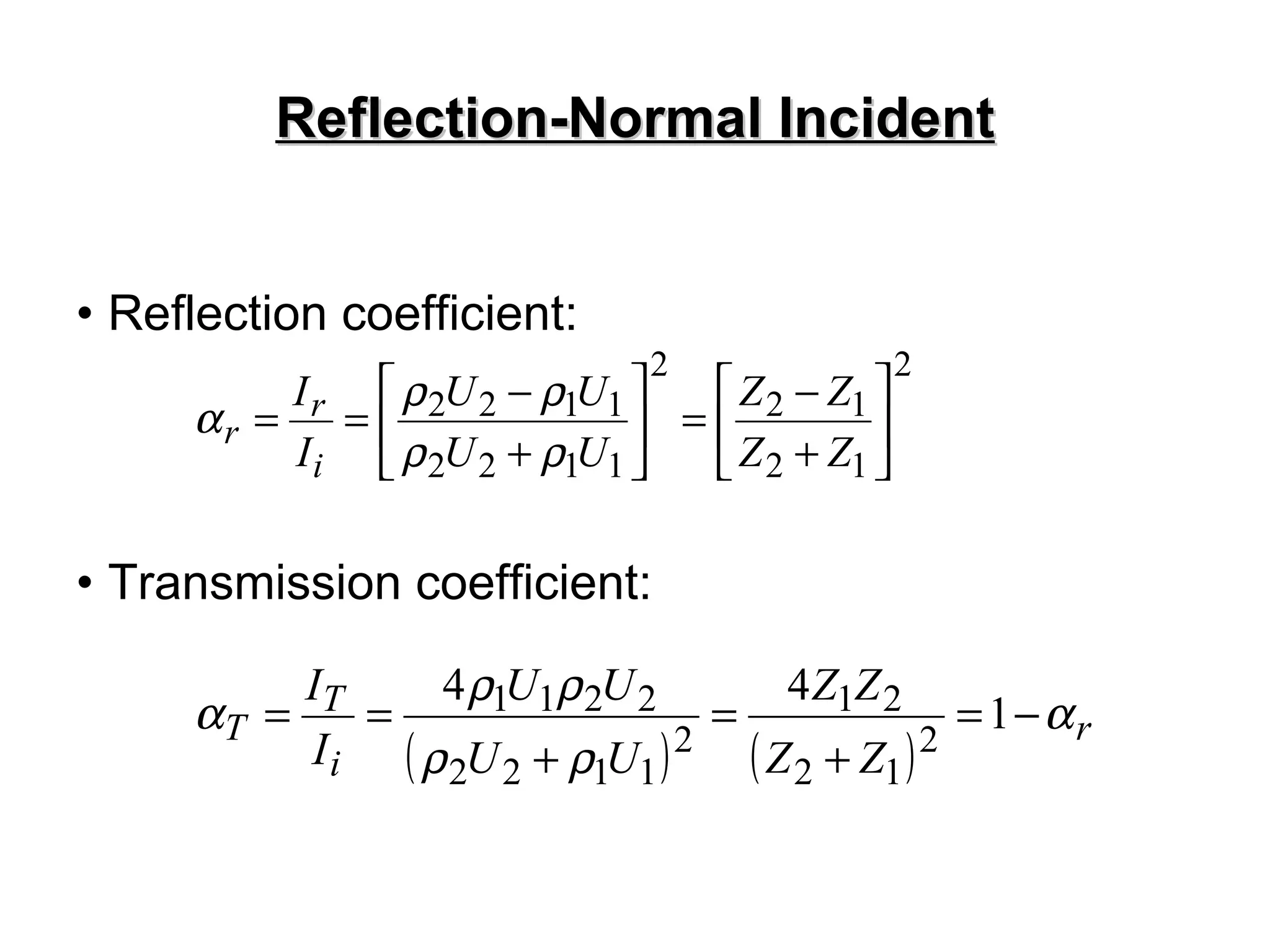 Reflection-Normal Incident Reflection coefficient: Transmission coefficient: 