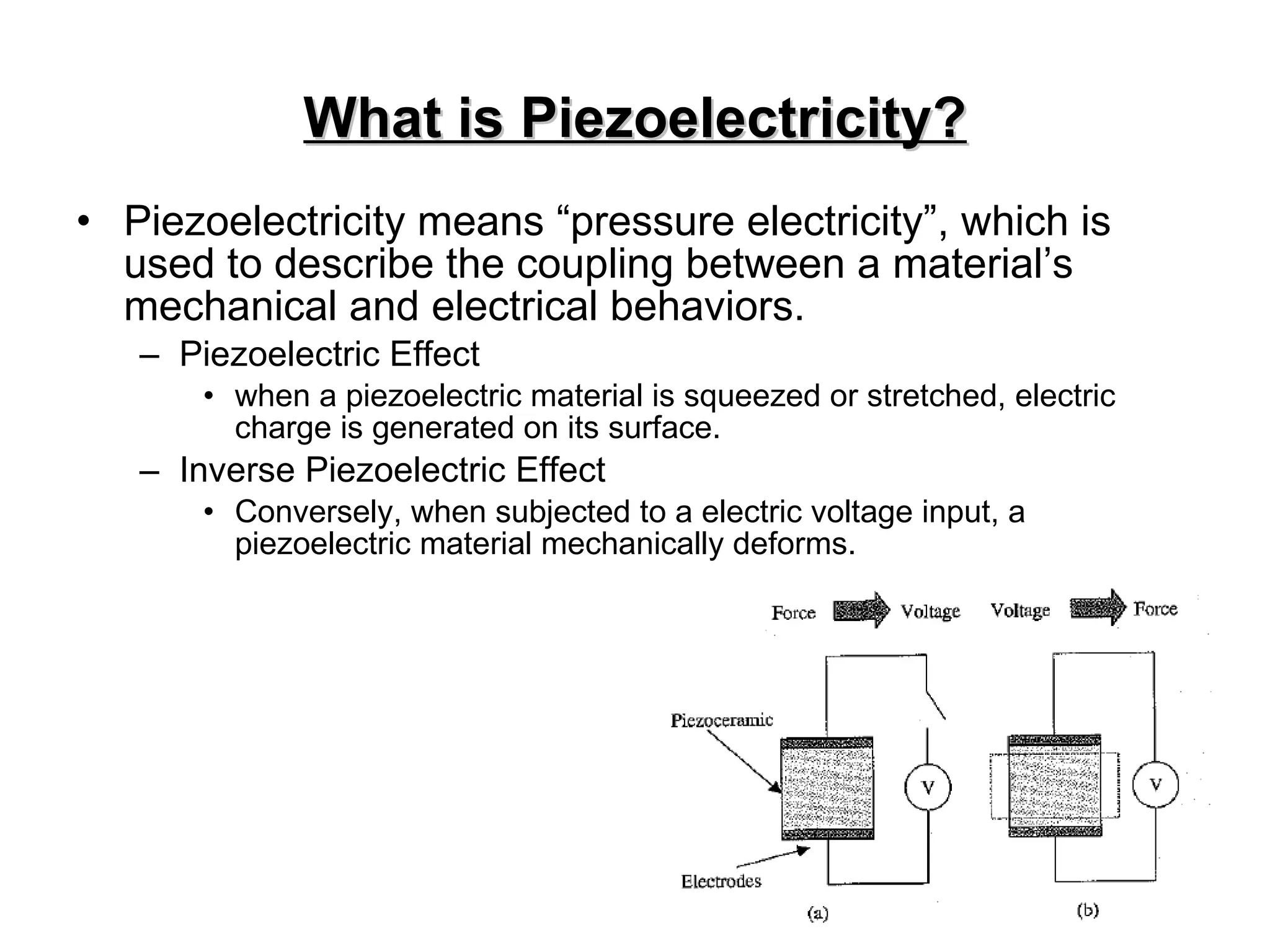 What is Piezoelectricity? Piezoelectricity means “pressure electricity”, which is used to describe the coupling between a material’s mechanical and electrical behaviors.  Piezoelectric Effect  when a piezoelectric material is squeezed or stretched, electric charge is generated on its surface. Inverse Piezoelectric Effect  Conversely, when subjected to a electric voltage input, a piezoelectric material mechanically deforms.  