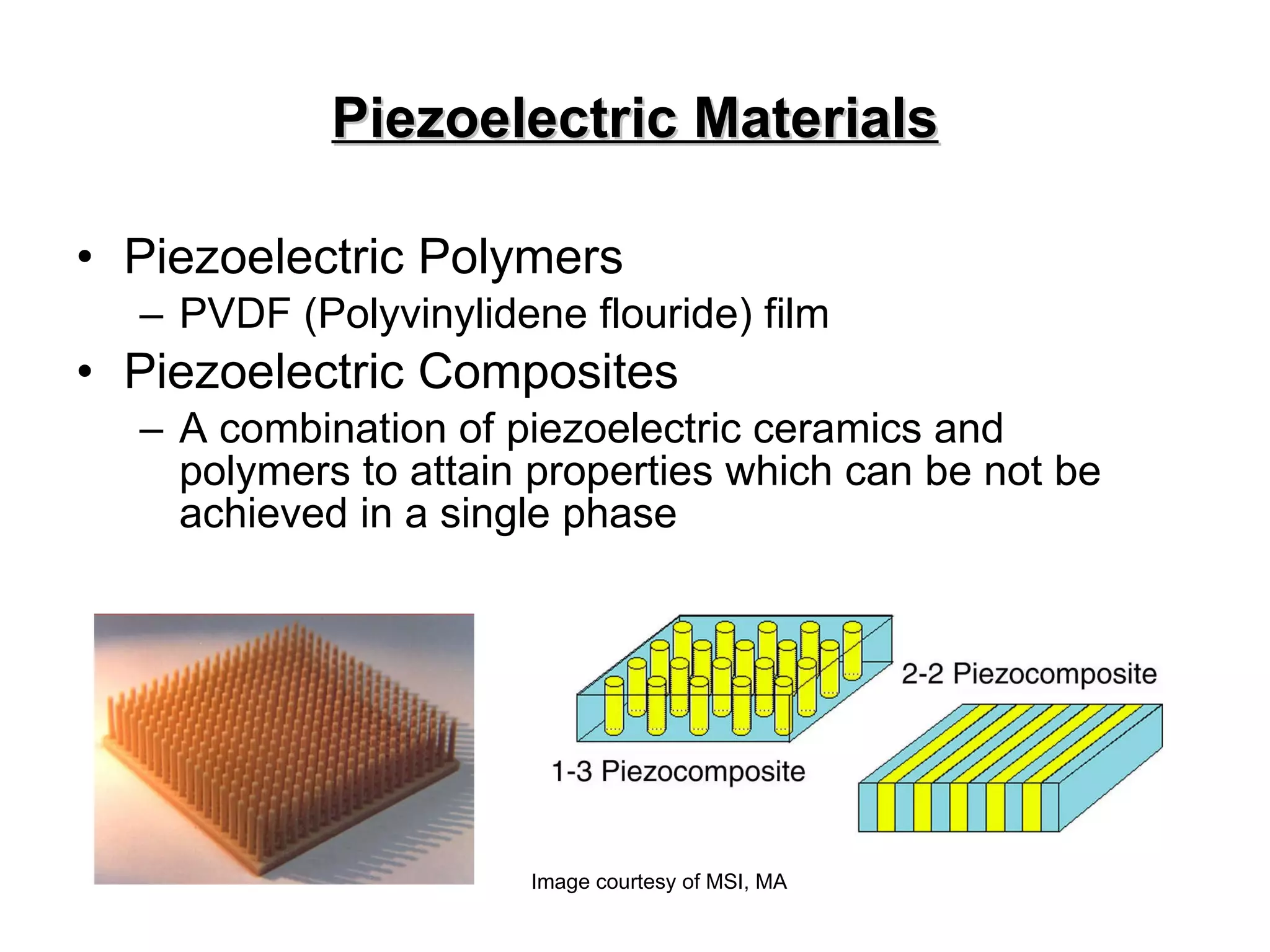 Piezoelectric Materials Piezoelectric Polymers PVDF (Polyvinylidene flouride) film  Piezoelectric Composites A combination of piezoelectric ceramics and polymers to attain properties which can be not be achieved in a single phase Image courtesy of MSI, MA 