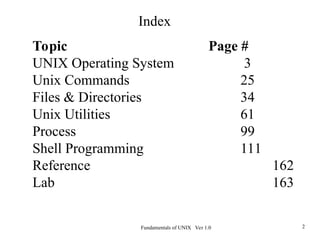 Fundamentals of UNIX Ver 1.0 2
Index
Topic Page #
UNIX Operating System 3
Unix Commands 25
Files & Directories 34
Unix Utilities 61
Process 99
Shell Programming 111
Reference 162
Lab 163
 