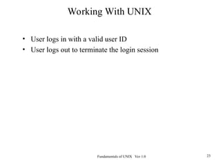 Fundamentals of UNIX Ver 1.0 23
• User logs in with a valid user ID
• User logs out to terminate the login session
Working With UNIX
 