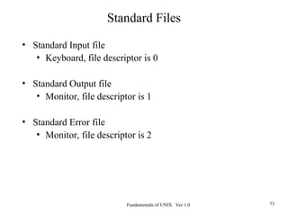 Fundamentals of UNIX Ver 1.0 73
• Standard Input file
• Keyboard, file descriptor is 0
• Standard Output file
• Monitor, file descriptor is 1
• Standard Error file
• Monitor, file descriptor is 2
Standard Files
 