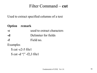 Fundamentals of UNIX Ver 1.0 86
Used to extract specified columns of a text
Option remark
-c used to extract characters
-d Delimiter for fields
-f Field no.
Examples
$ cut -c2-5 file1
$ cut -d “|” -f2,3 file1
Filter Command – cut
 