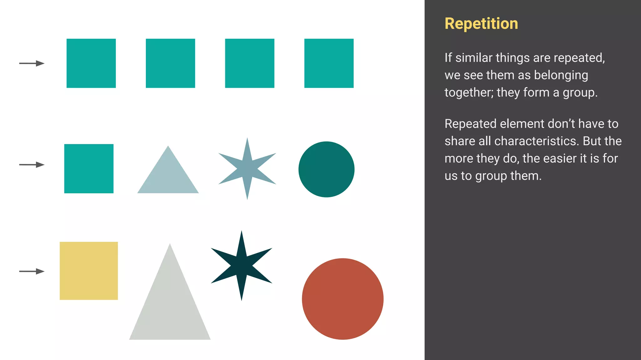 Repetition
If similar things are repeated,
we see them as belonging
together; they form a group.
Repeated element don’t have to
share all characteristics. But the
more they do, the easier it is for
us to group them.
 