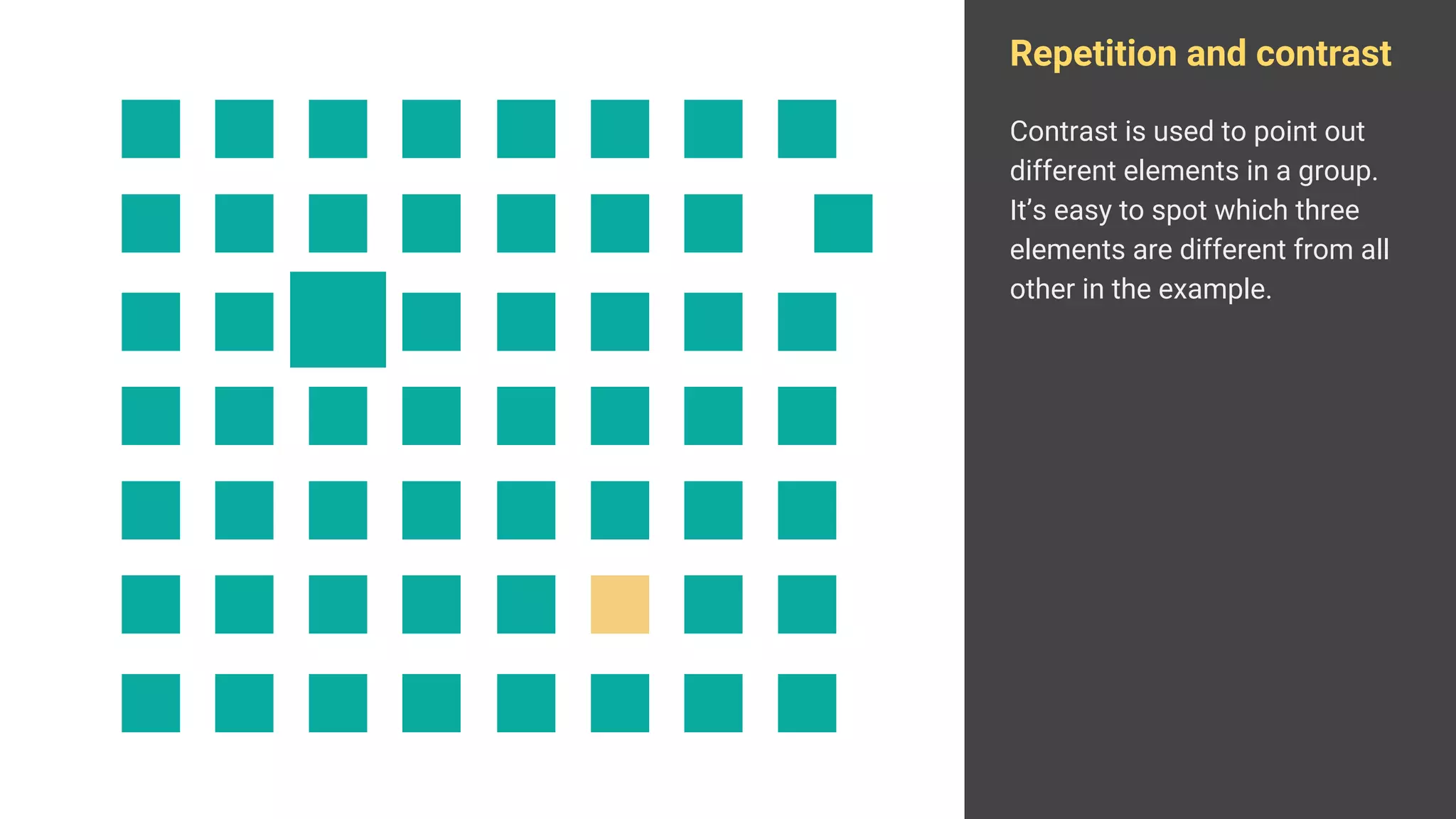 Contrast is used to point out
different elements in a group.
It’s easy to spot which three
elements are different from all
other in the example.
Repetition and contrast
 