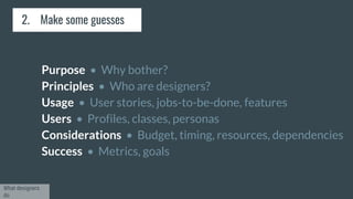 Purpose • Why bother?
Principles • Who are designers?
Usage • User stories, jobs-to-be-done, features
Users • Profiles, classes, personas
Considerations • Budget, timing, resources, dependencies
Success • Metrics, goals
2. Make some guesses
What designers
do
 