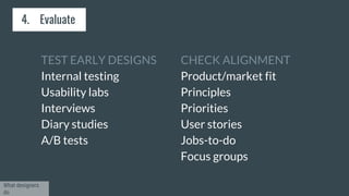TEST EARLY DESIGNS
Internal testing
Usability labs
Interviews
Diary studies
A/B tests
CHECK ALIGNMENT
Product/market fit
Principles
Priorities
User stories
Jobs-to-do
Focus groups
4. Evaluate
What designers
do
 