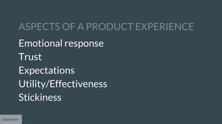 ASPECTS OF A PRODUCT EXPERIENCE
Emotional response
Trust
Expectations
Utility/Effectiveness
Stickiness
Experience
 